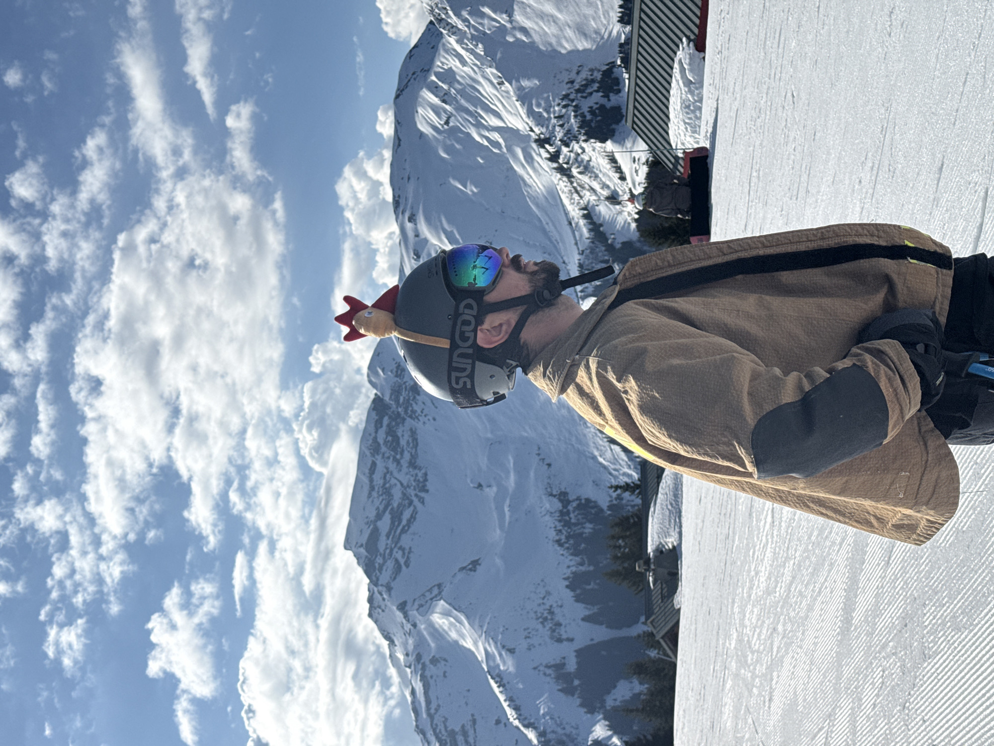 Skier spotted with novelty chicken helmet decoration at Avoriaz resort