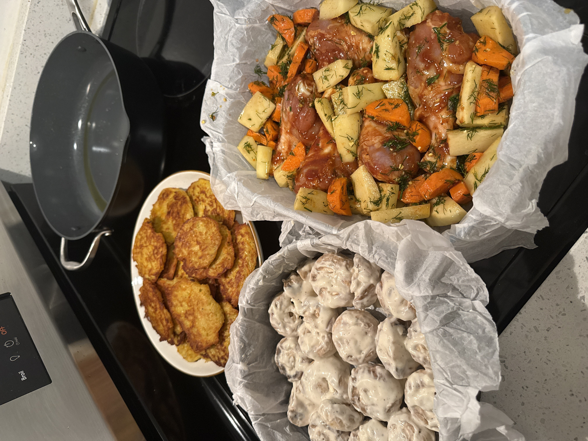 Full home-cooked spread in progress, Bronx kitchen