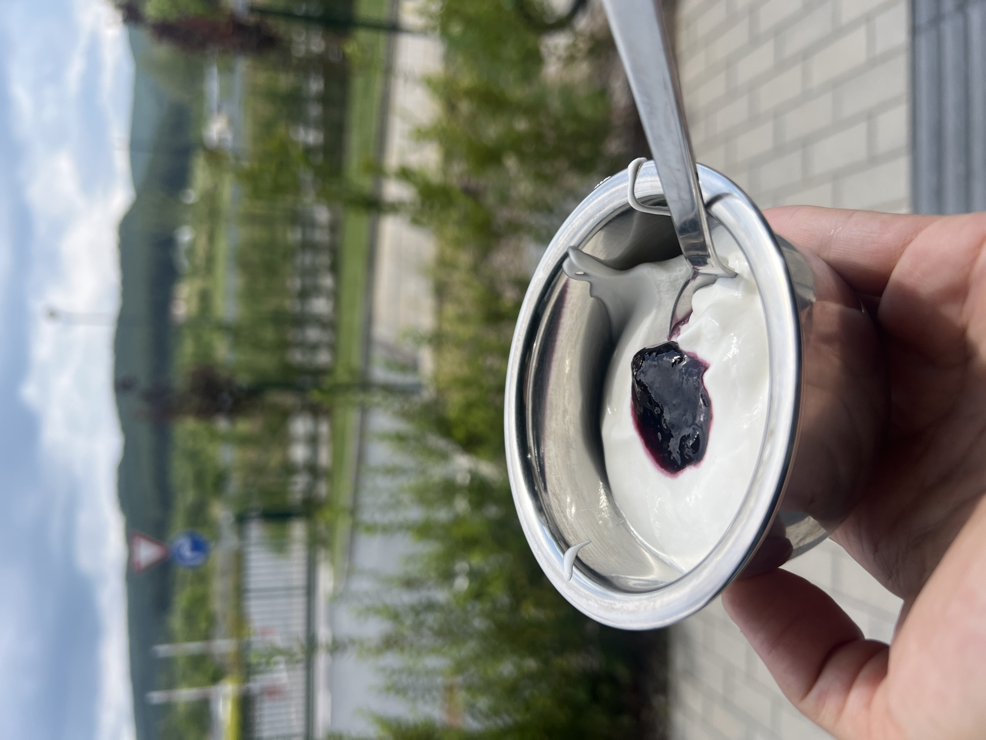 Yogurt with berry jam, mid-spoon in Lozen, Bulgaria