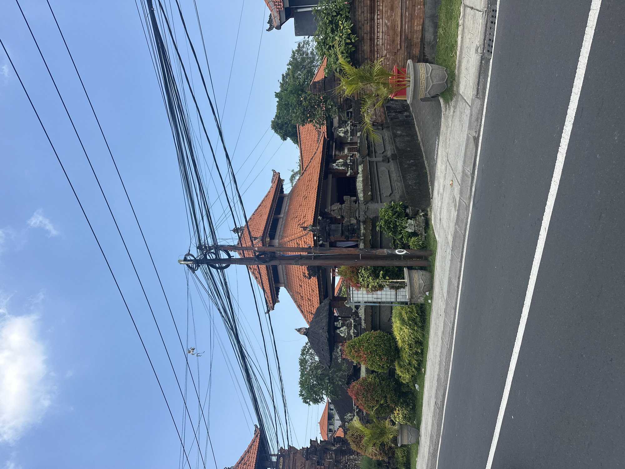 Dalung street scenes feature dog, traditional architecture, roadway