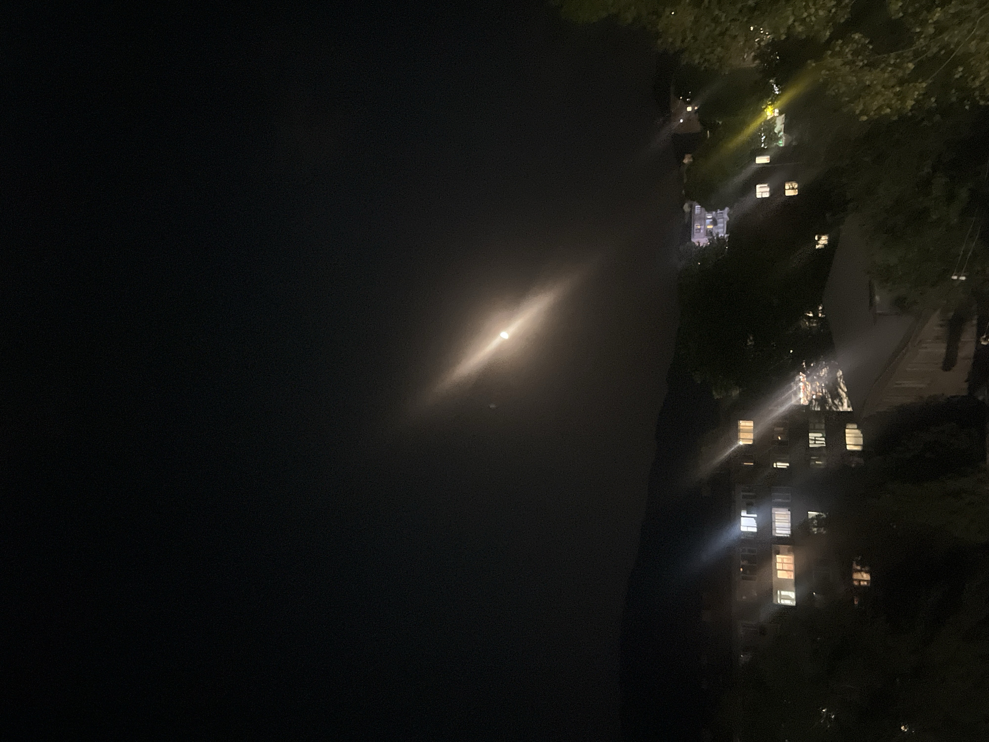 Nighttime urban roaming with moon, buildings, and city lights