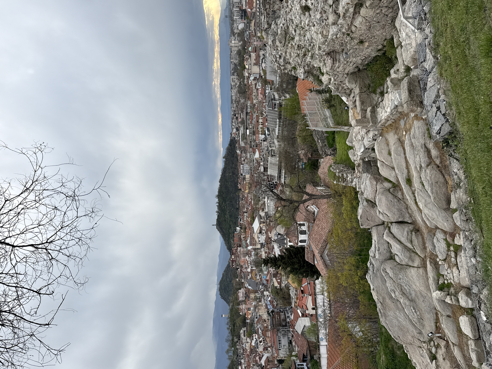 Panoramic city view shows red rooftops, greenery from elevated position