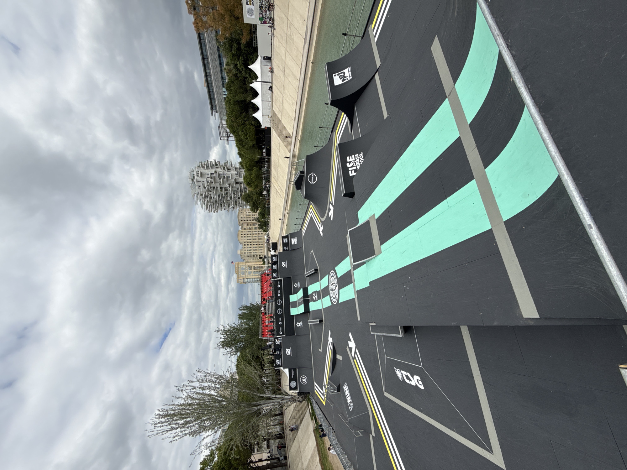Skateboard park with FISE branding spotted along Montpellier's Lez River