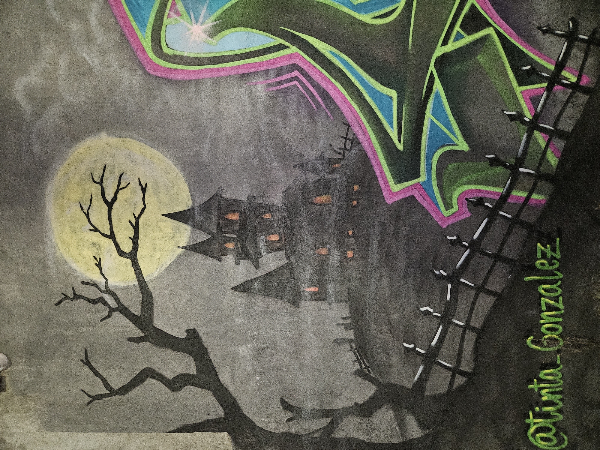 Halloween street art documented on wet Temuco streets