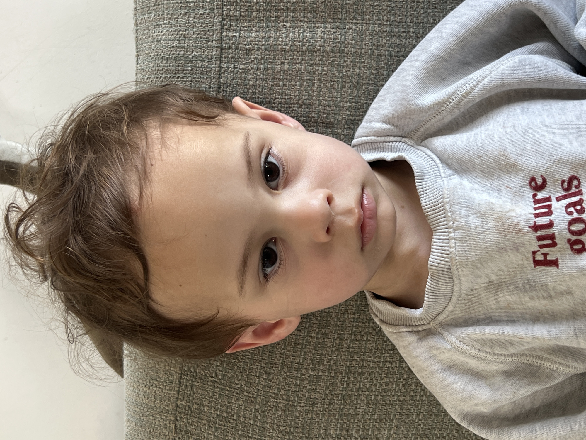 Toddler in grey sweatshirt rests on couch in Kiryat Bialik