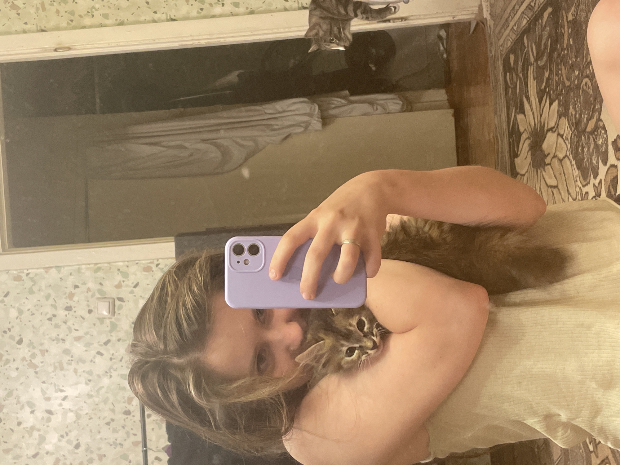 Mirror selfies and a tabby kitten in a patterned room