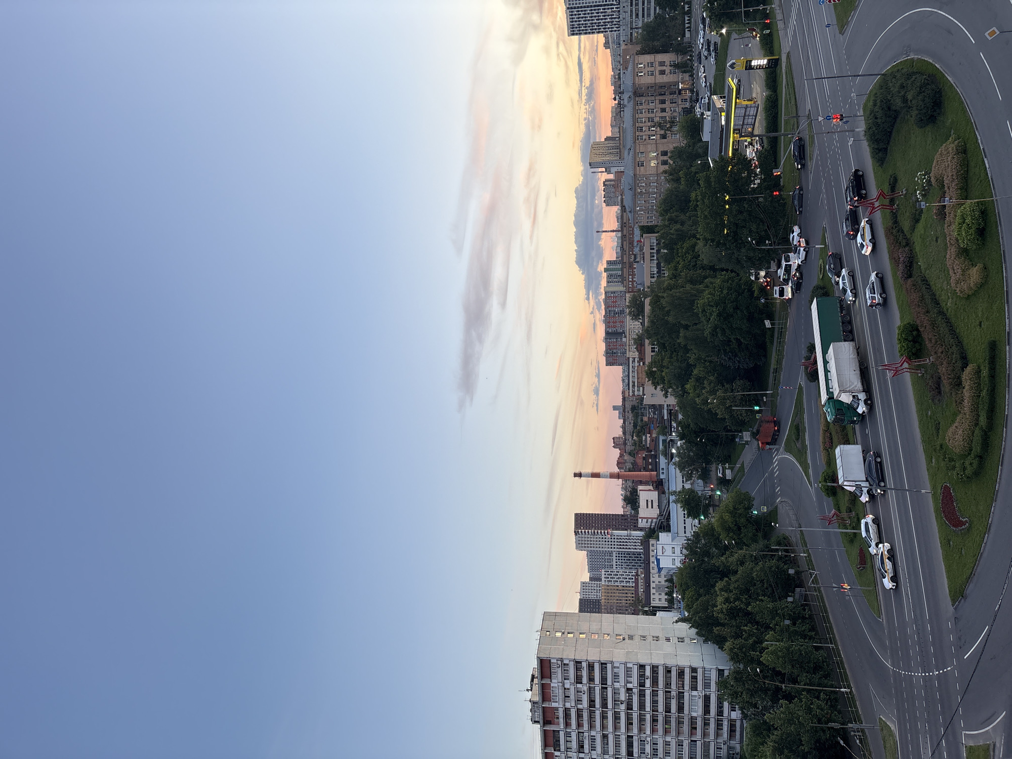 Mytishchi at golden hour: streets, skyline, and sunset