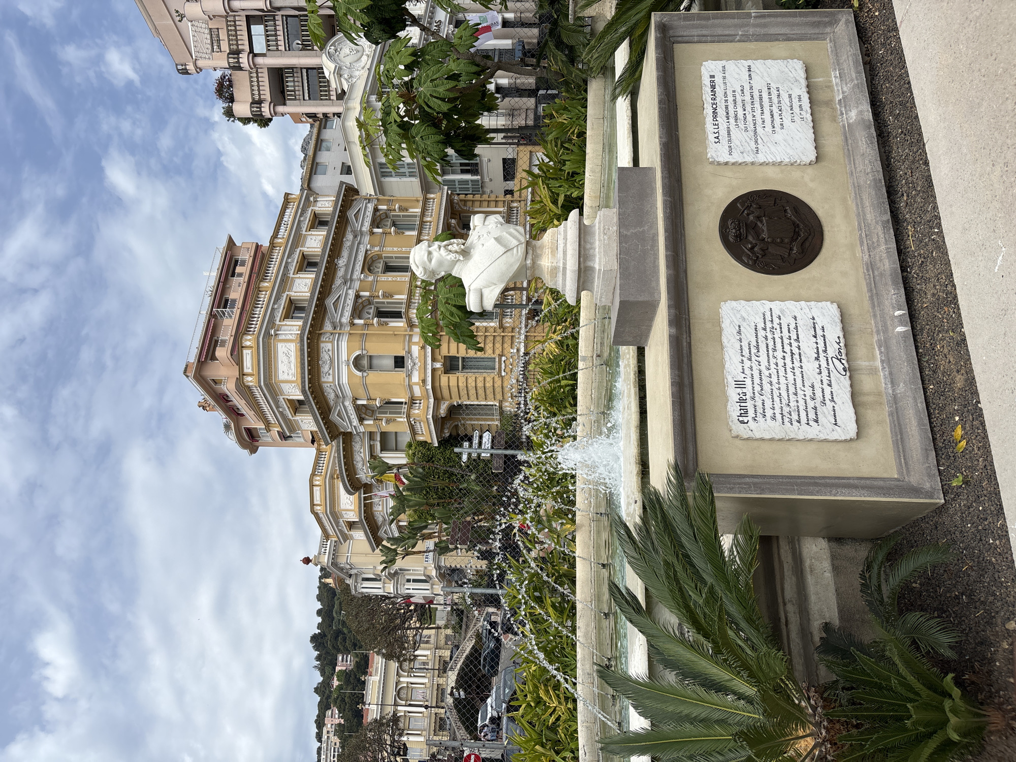 Tourist documents Monaco landmarks including casino renovation, gardens, Charles III monument