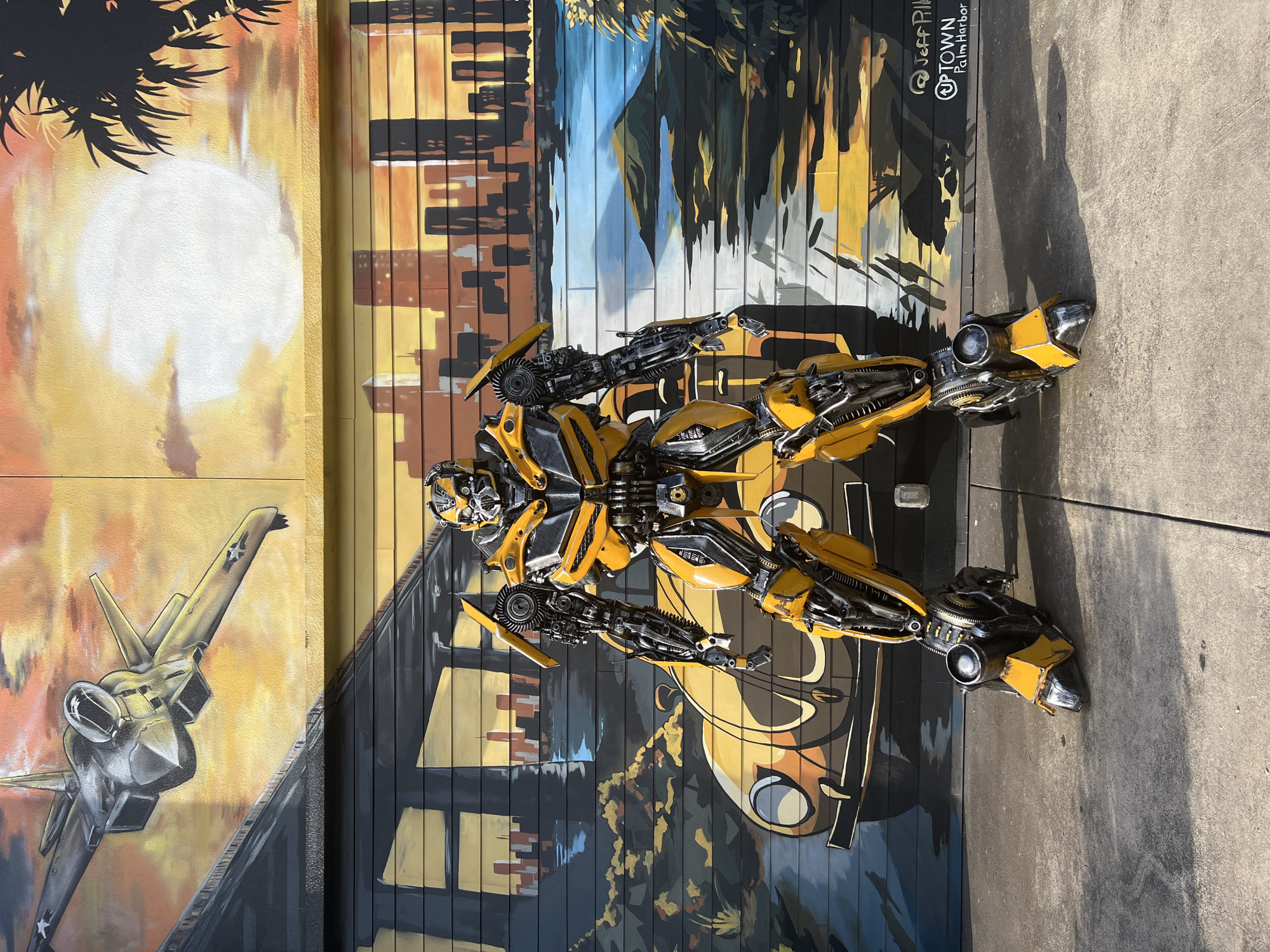 Bumblebee Transformer statue outside Palm Harbor bar and grill