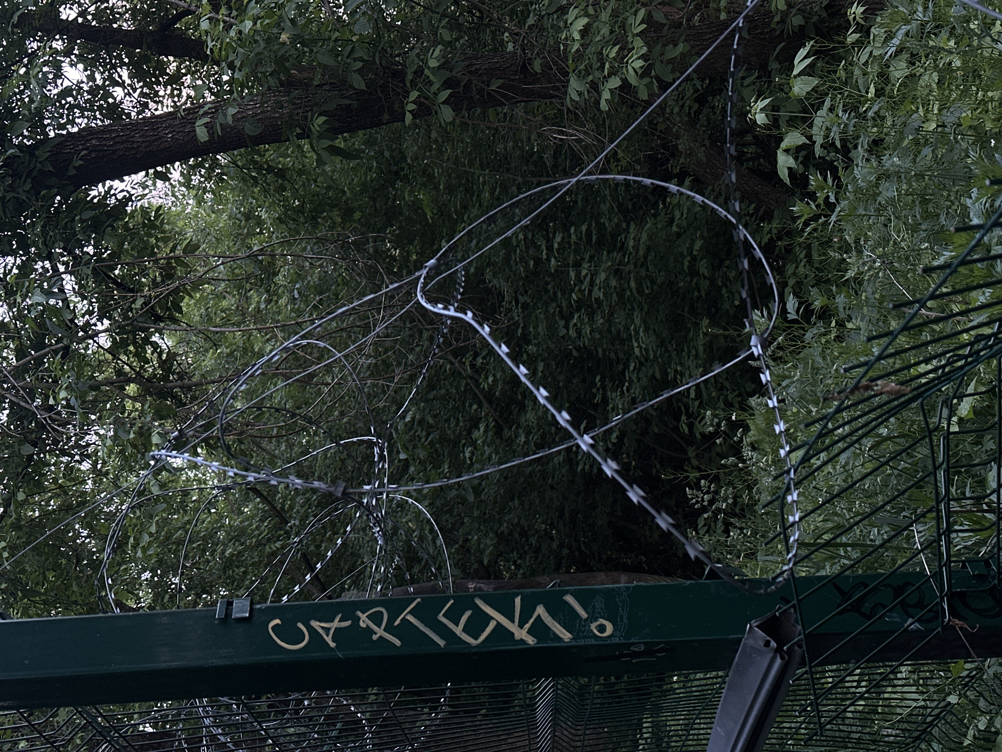 Moscow witness documents fenced waterfall area with graffiti