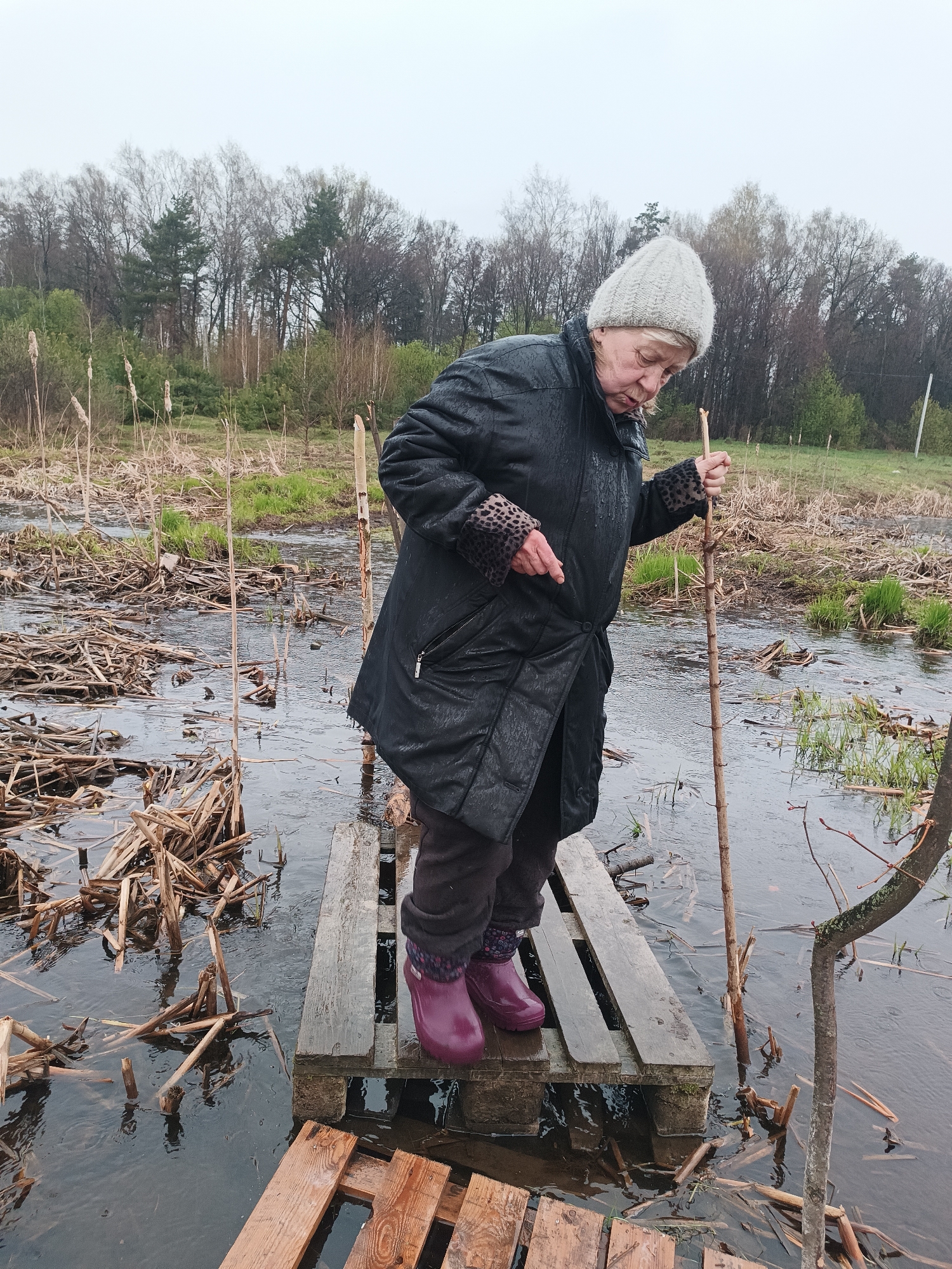 Woman crosses makeshift bridge during flooding in rural Russia