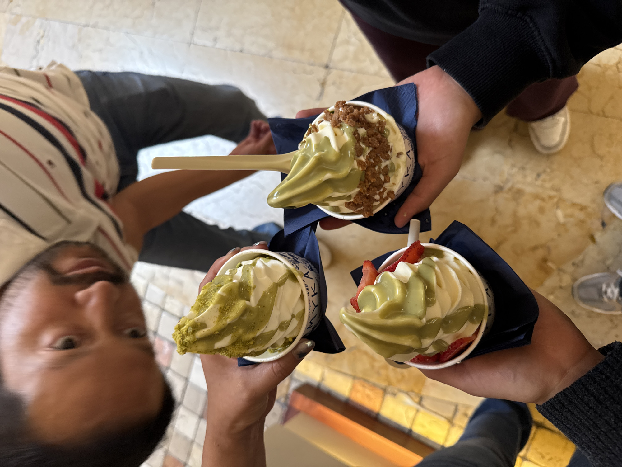 Soft-serve ice cream stop in Puebla, green-swirled and topped