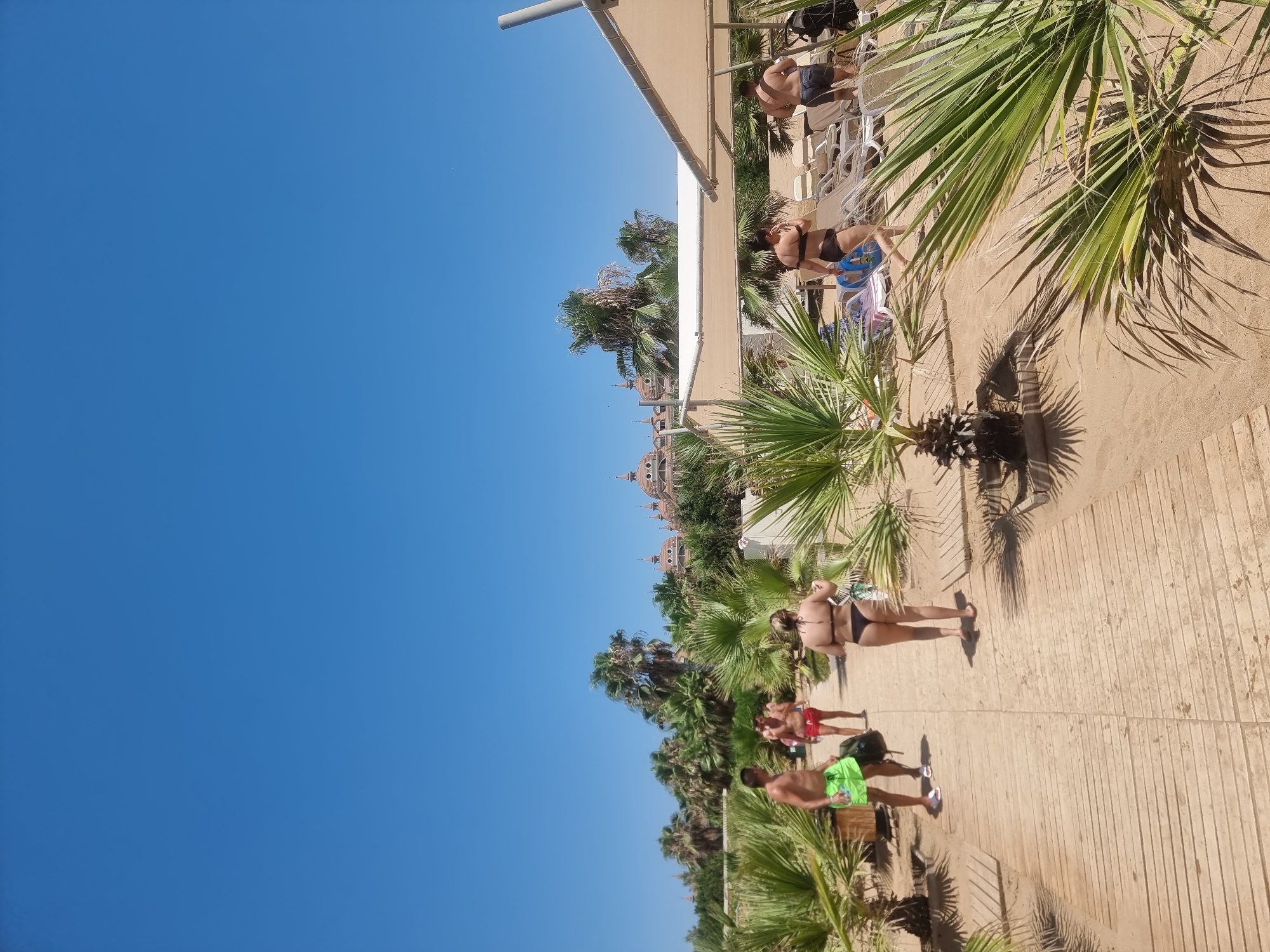 Manavgat resort beach: parasailing, loungers, and palm walkways