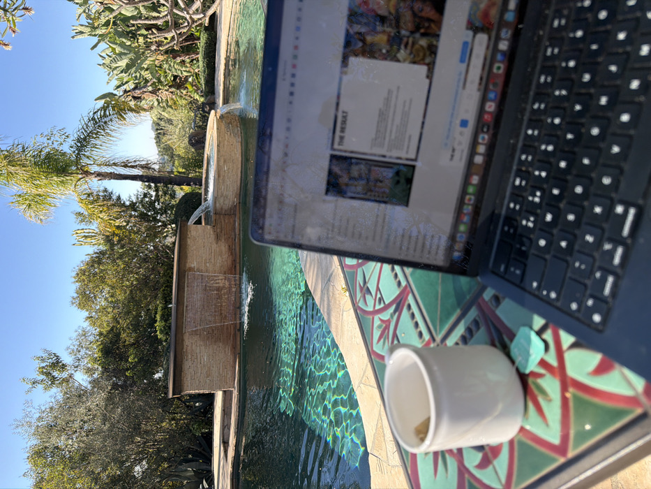 Laptop setup observed poolside amid palm trees in Los Angeles