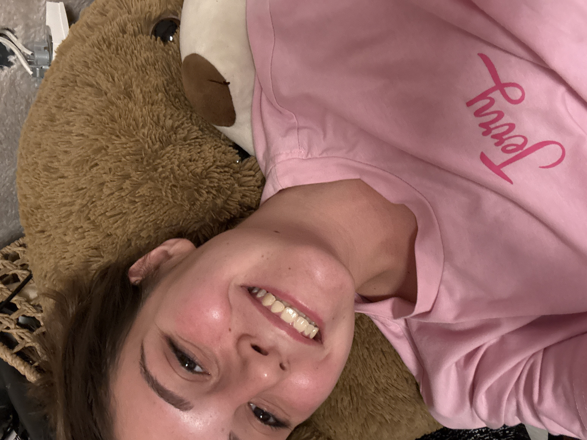 Cozy bedroom selfies with a giant teddy bear and love balloons