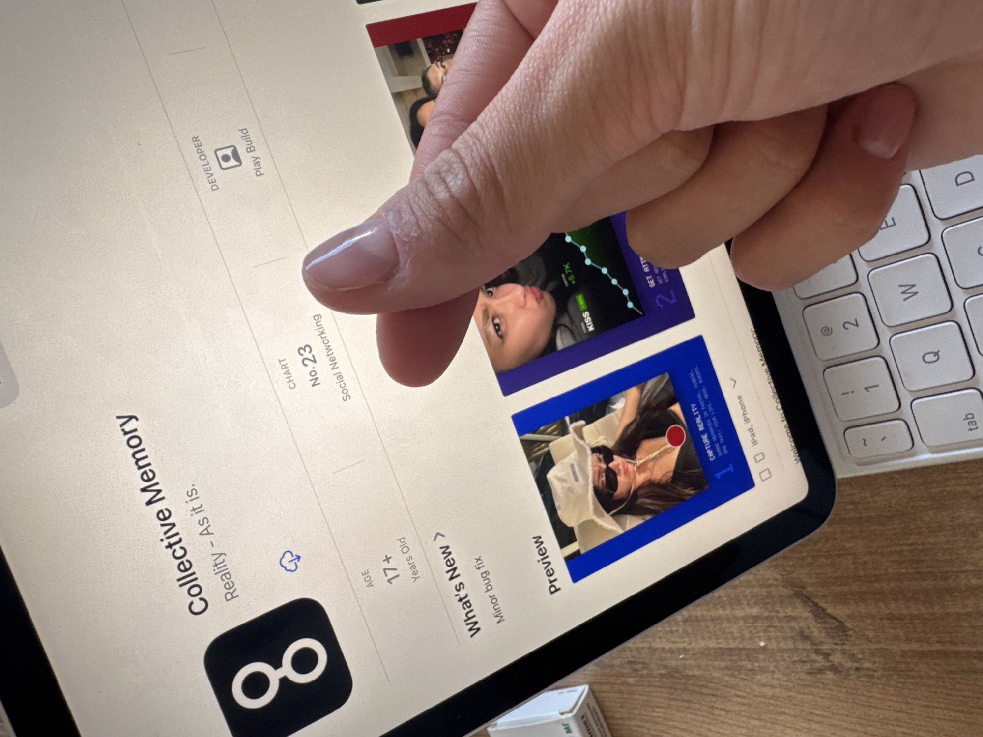 Woman checks Collective Memory app while drinking water post-shower