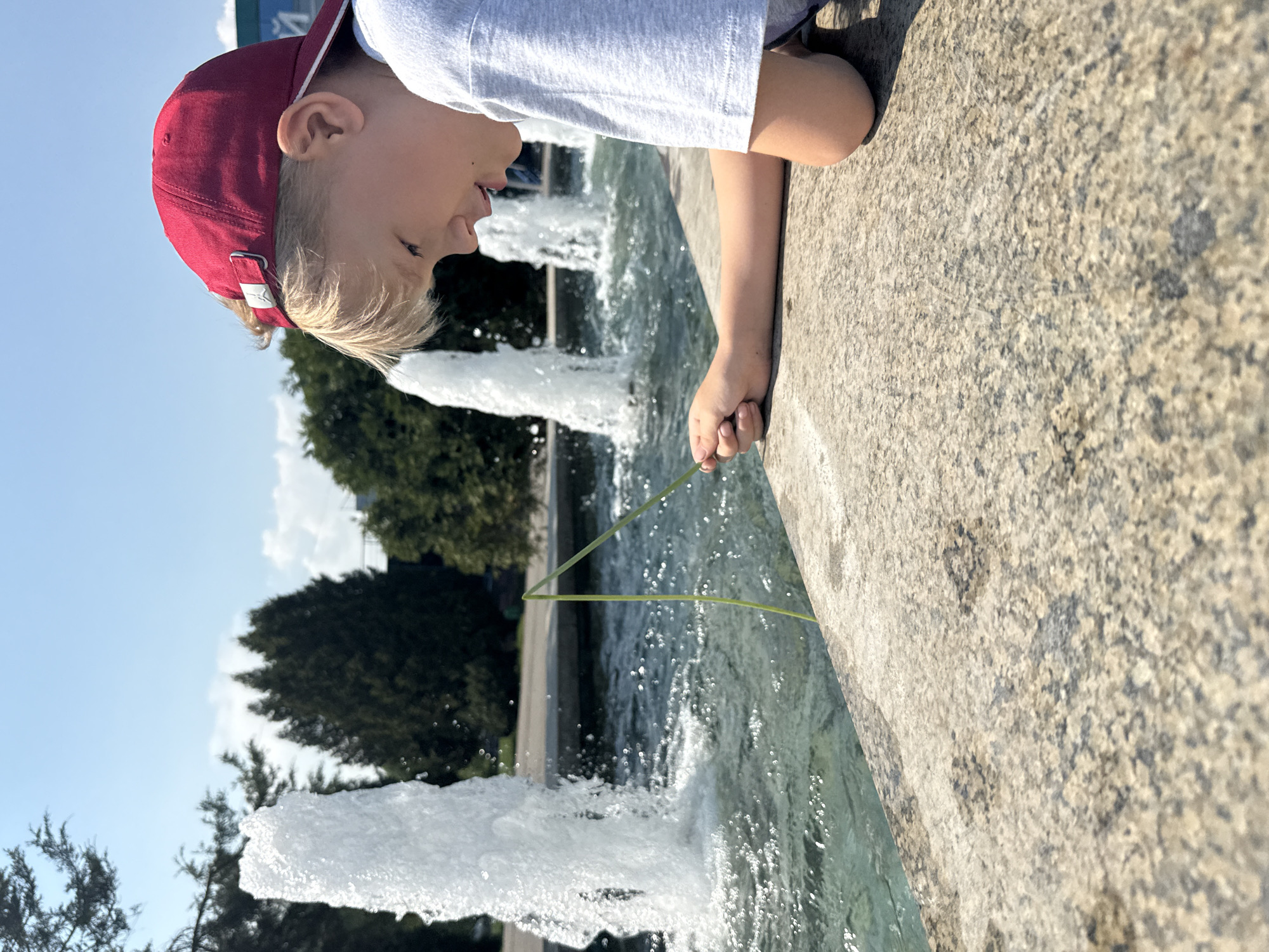 Child explores Dmitrov park areas while ducks swim nearby
