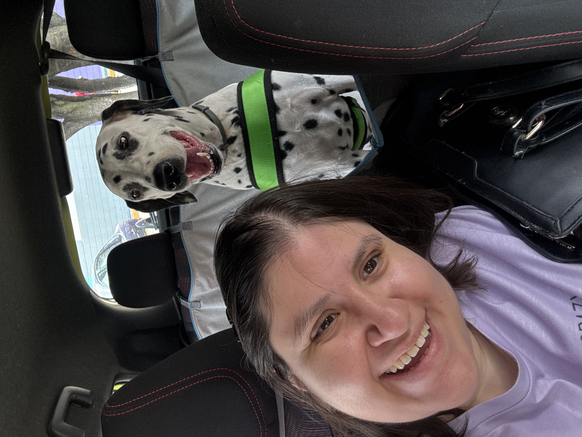 Woman takes selfie with Dalmatian dog in Temixco car
