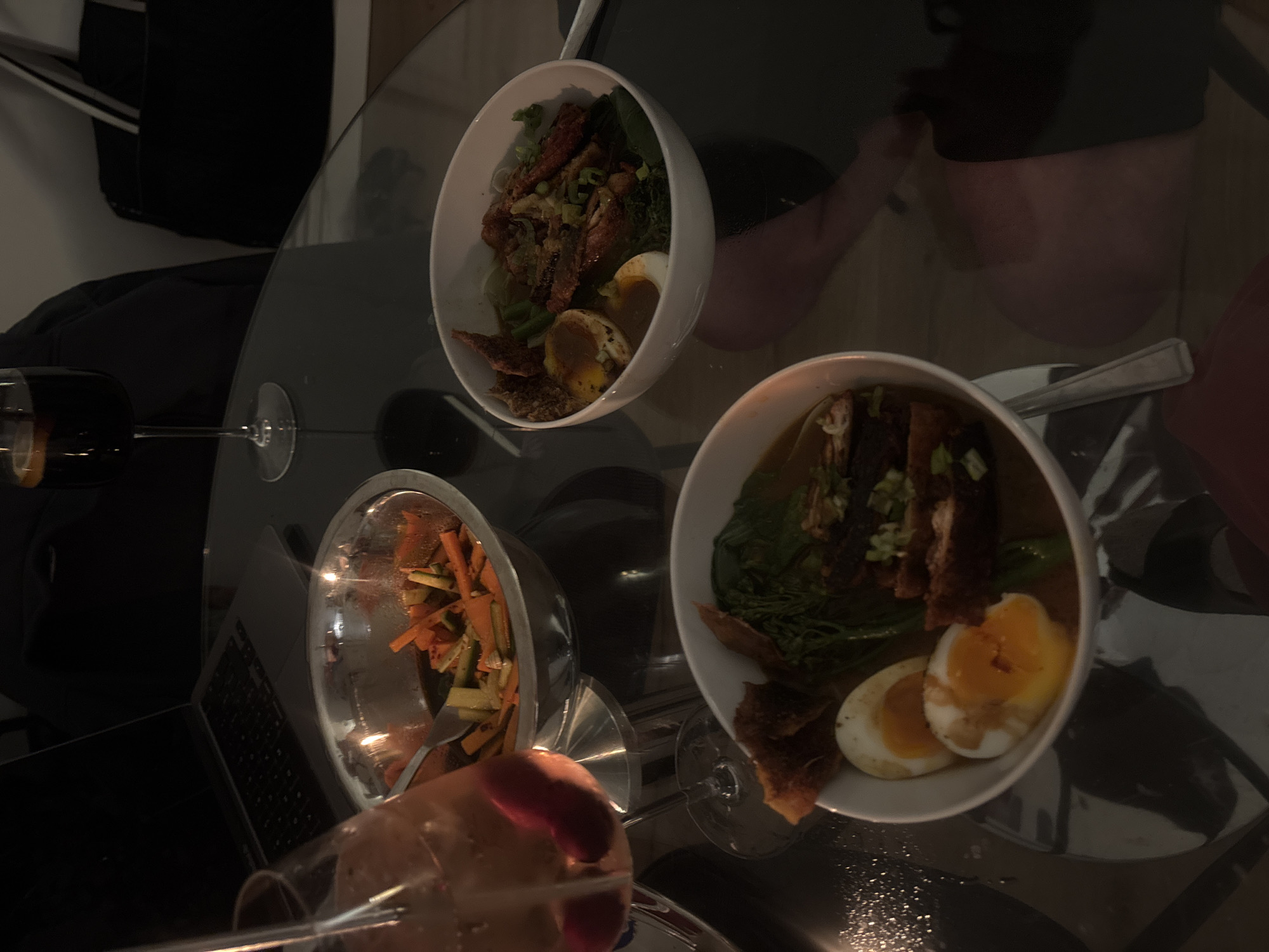 London resident documents ramen dinner with vegetables and wine