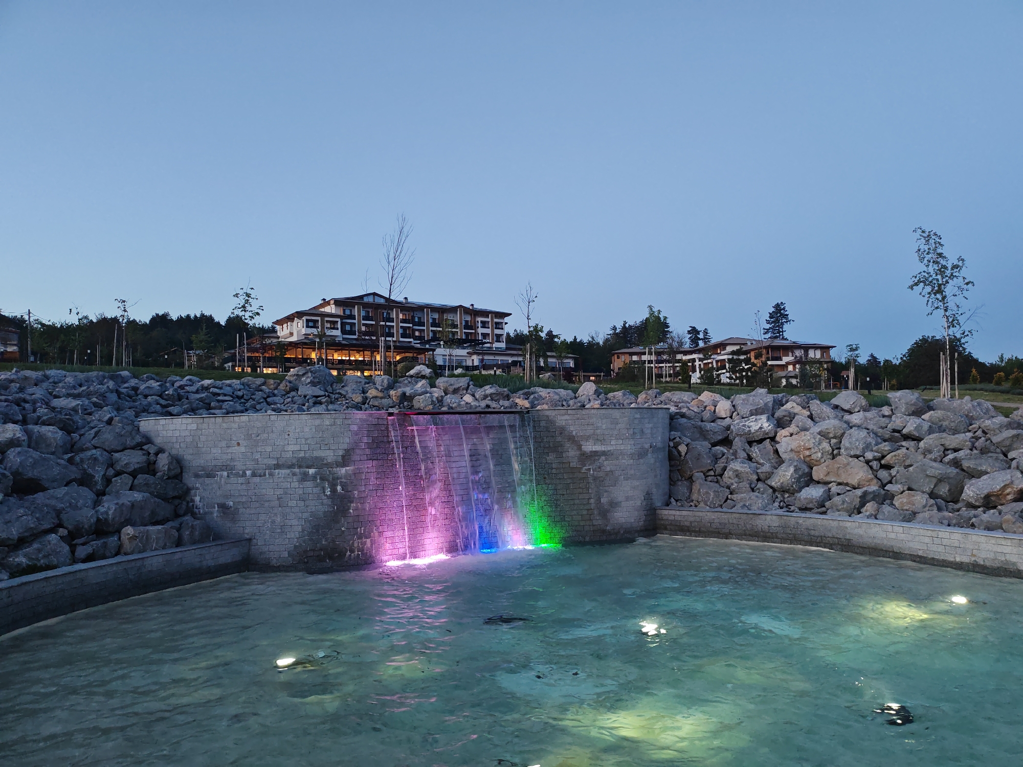 Illuminated water fountain observed in Tryavna park, Bulgaria