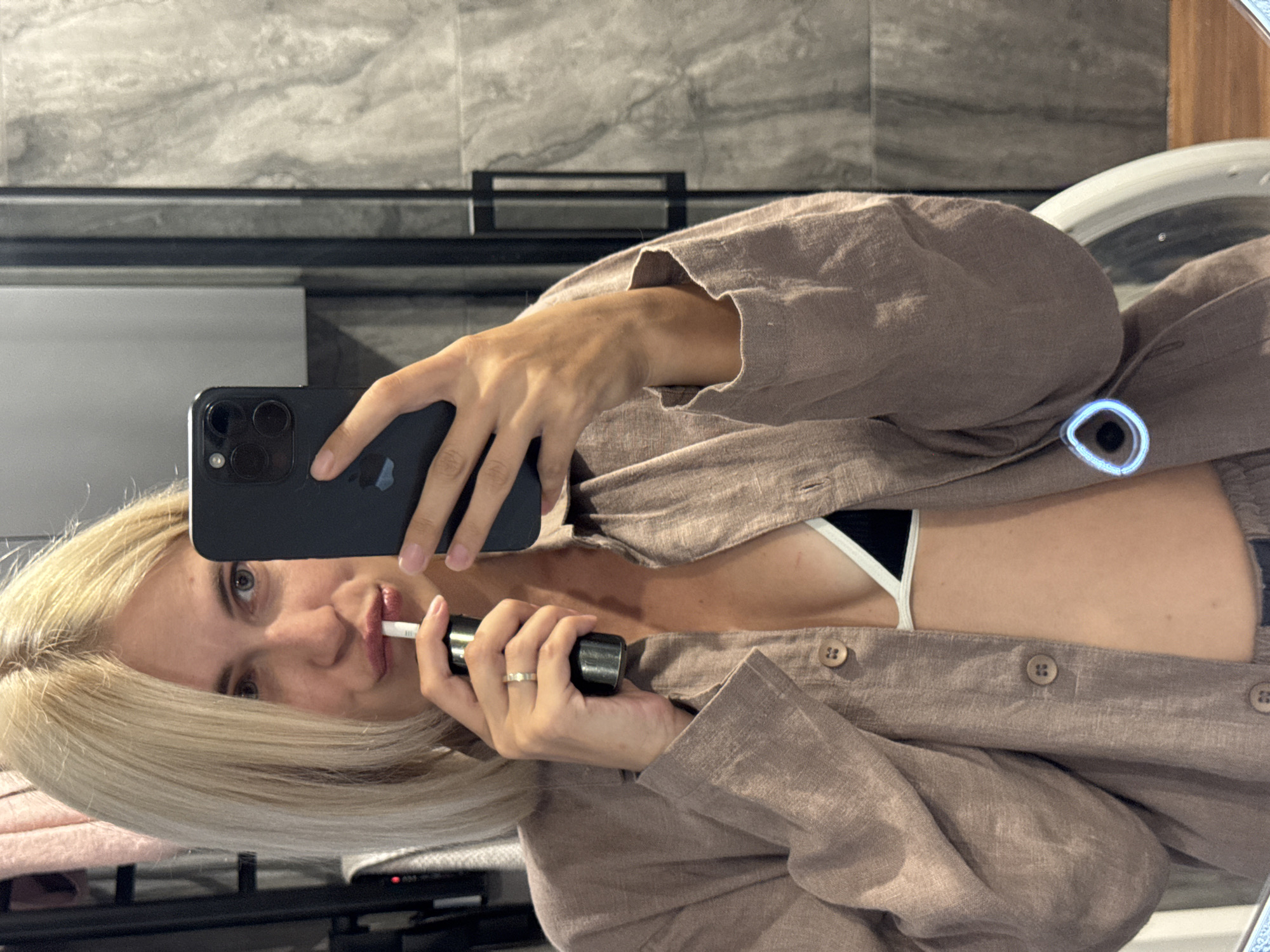 Lazy morning at home with a fluffy dog and mirror selfies
