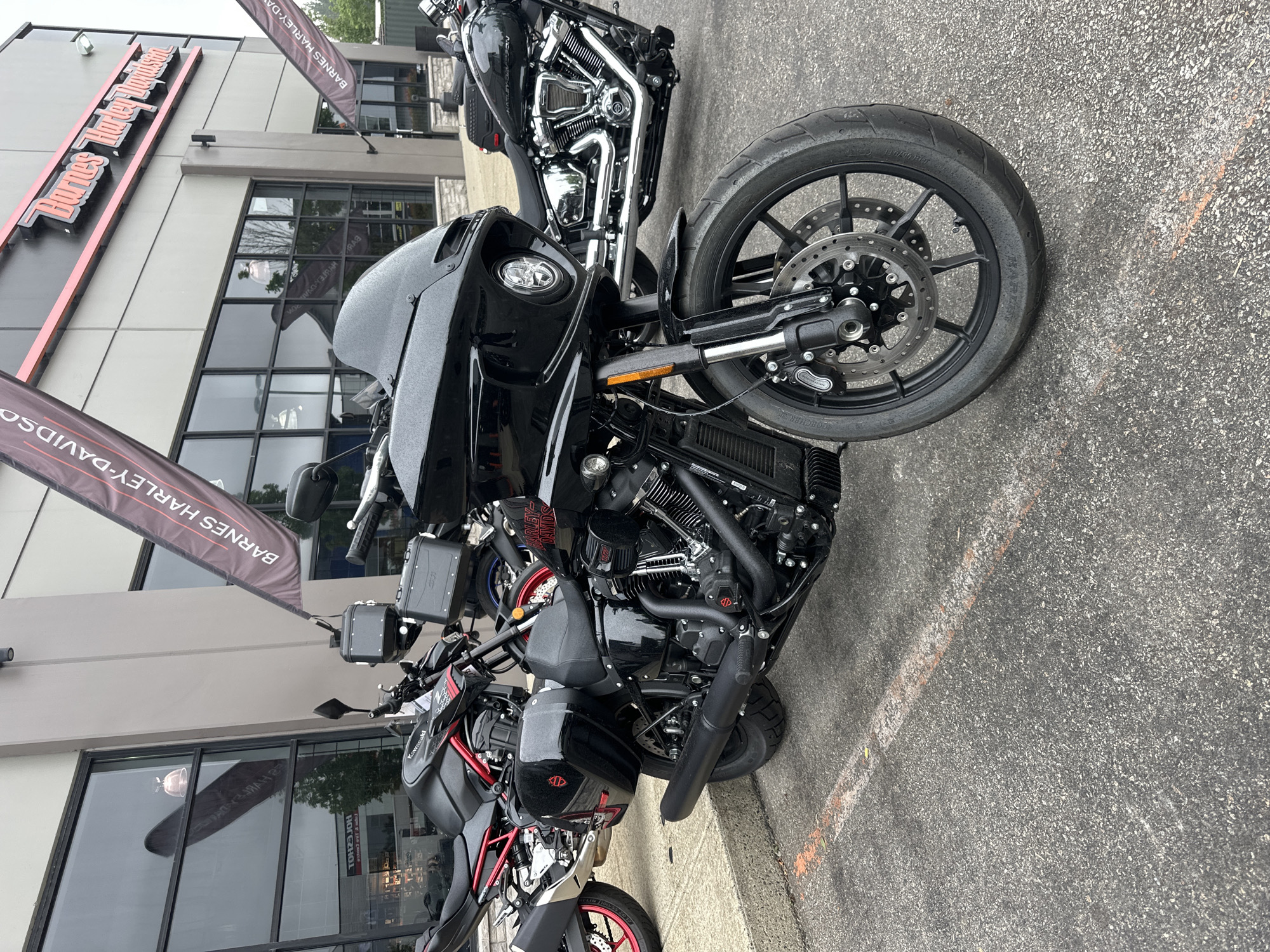 Harley-Davidson dealership lot in Langley, bikes out front