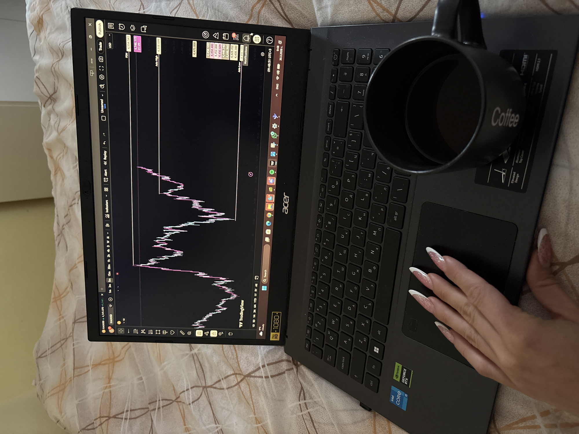 Remote trader works from bed with laptop and coffee