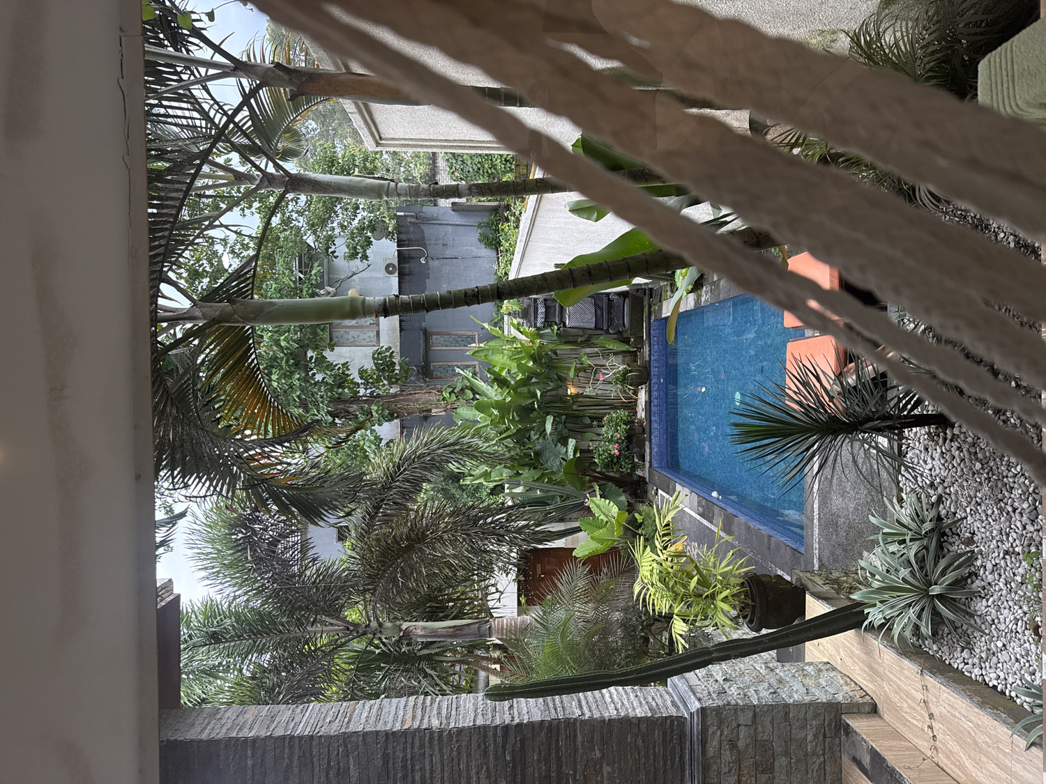 Tropical garden pool area observed from balcony in Kuta Selatan