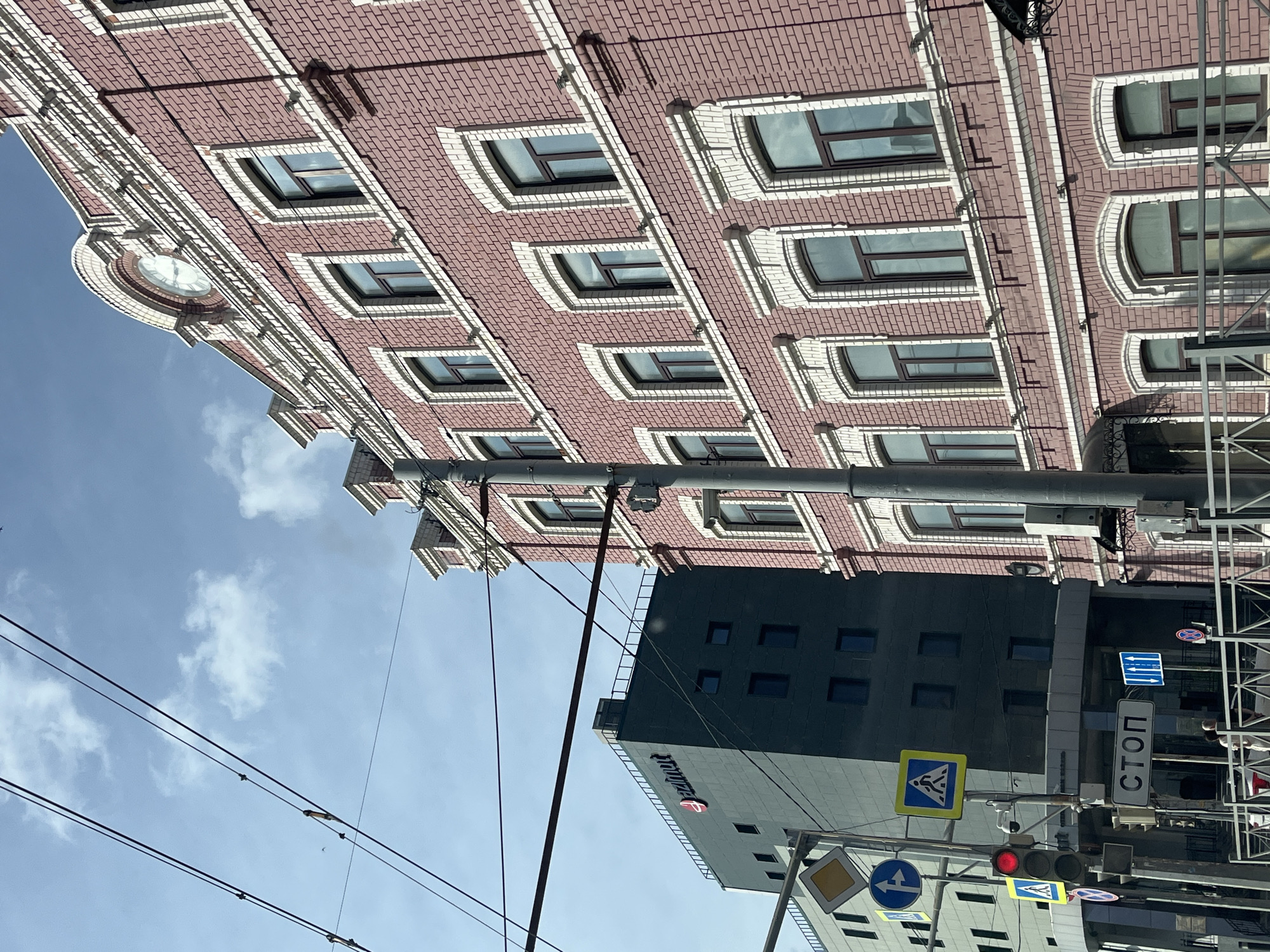 Historic pink brick building on Kazan street