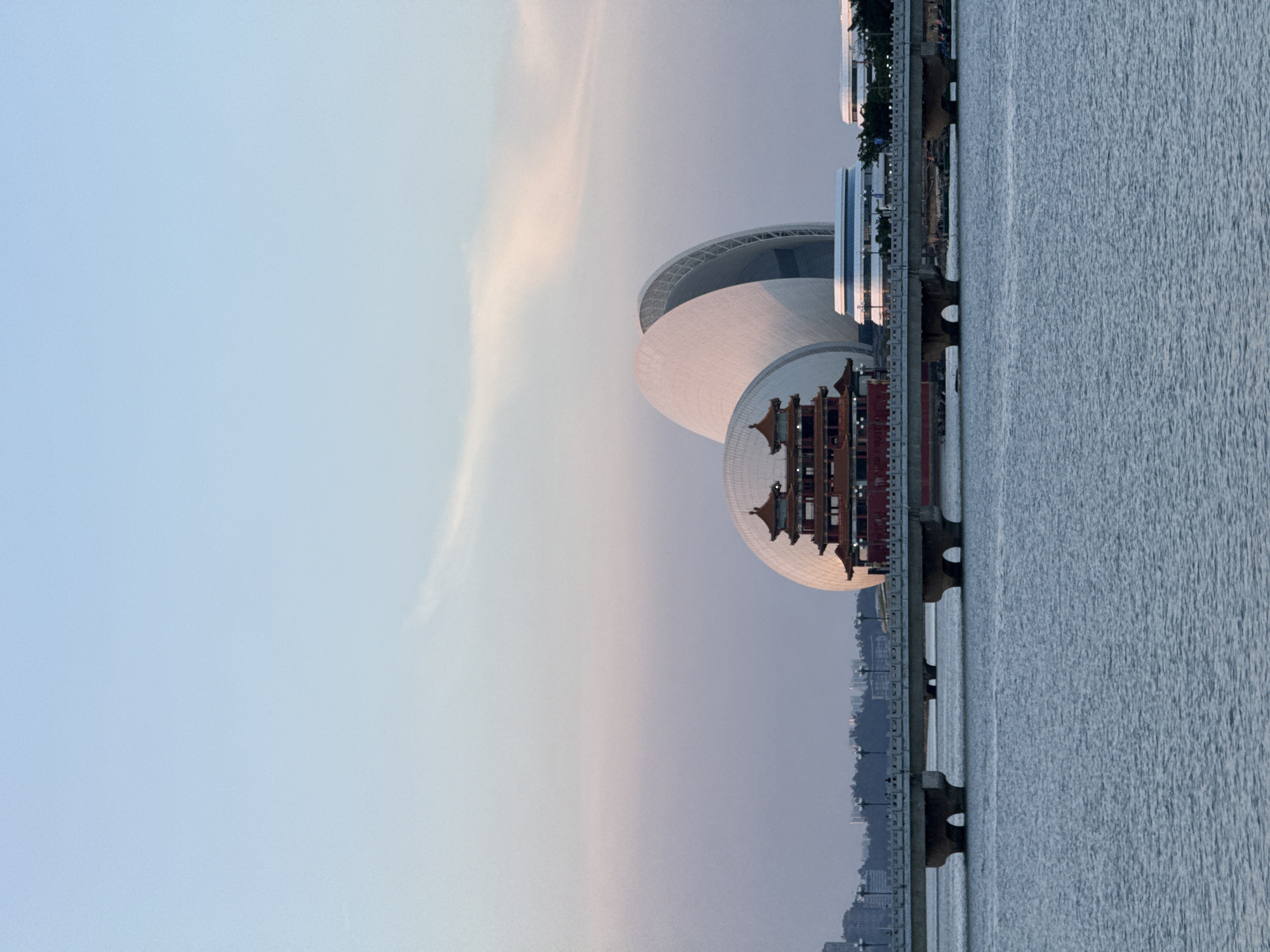 Morning waterfront views captured at Zhuhai Grand Theatre complex