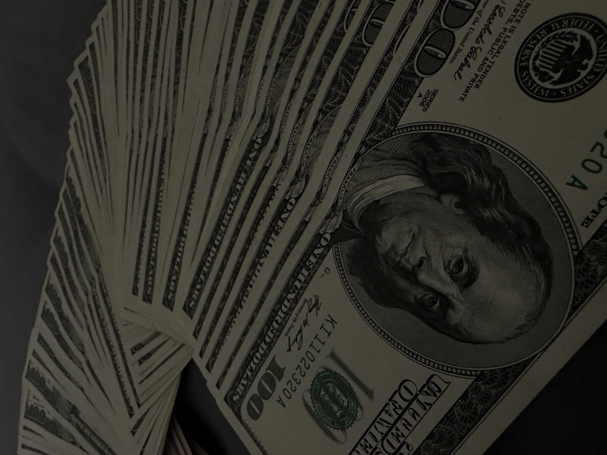 Fanned US cash, $50s and $100s, photographed multiple times in Vinnytsia