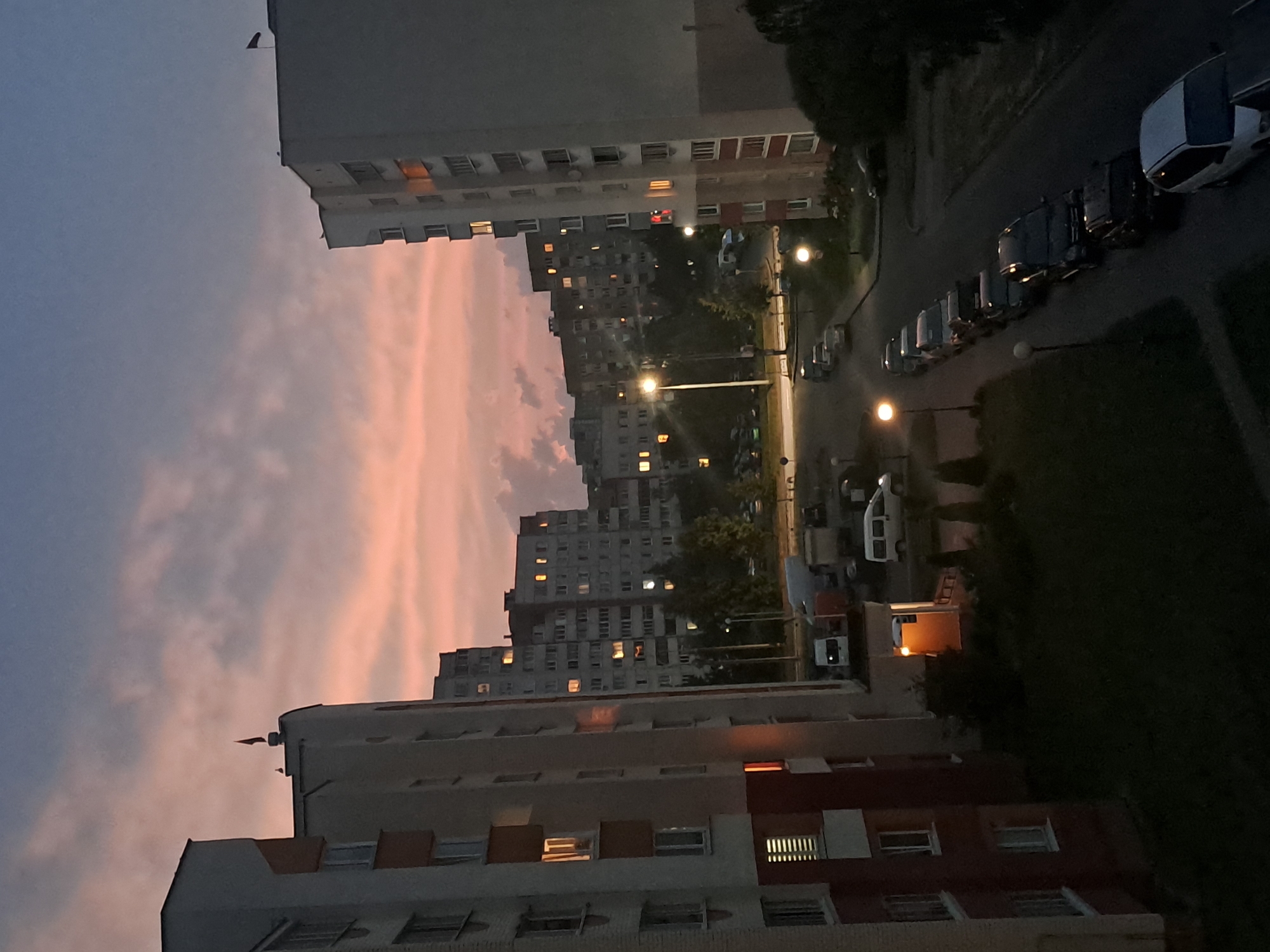 Dusk settles over Soviet-era apartment blocks in Hrodna