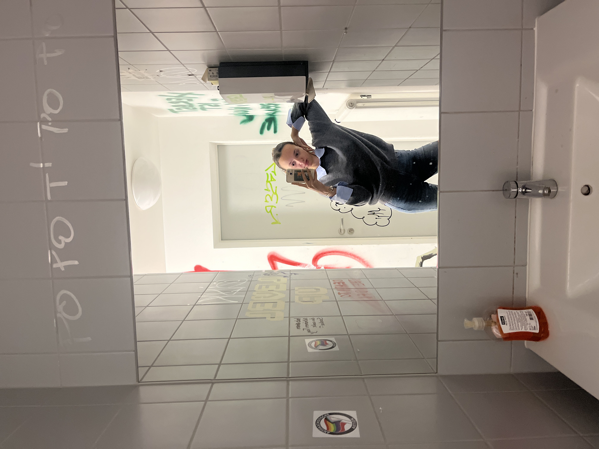 Woman takes mirror selfies in graffitied Saarbrücken restroom
