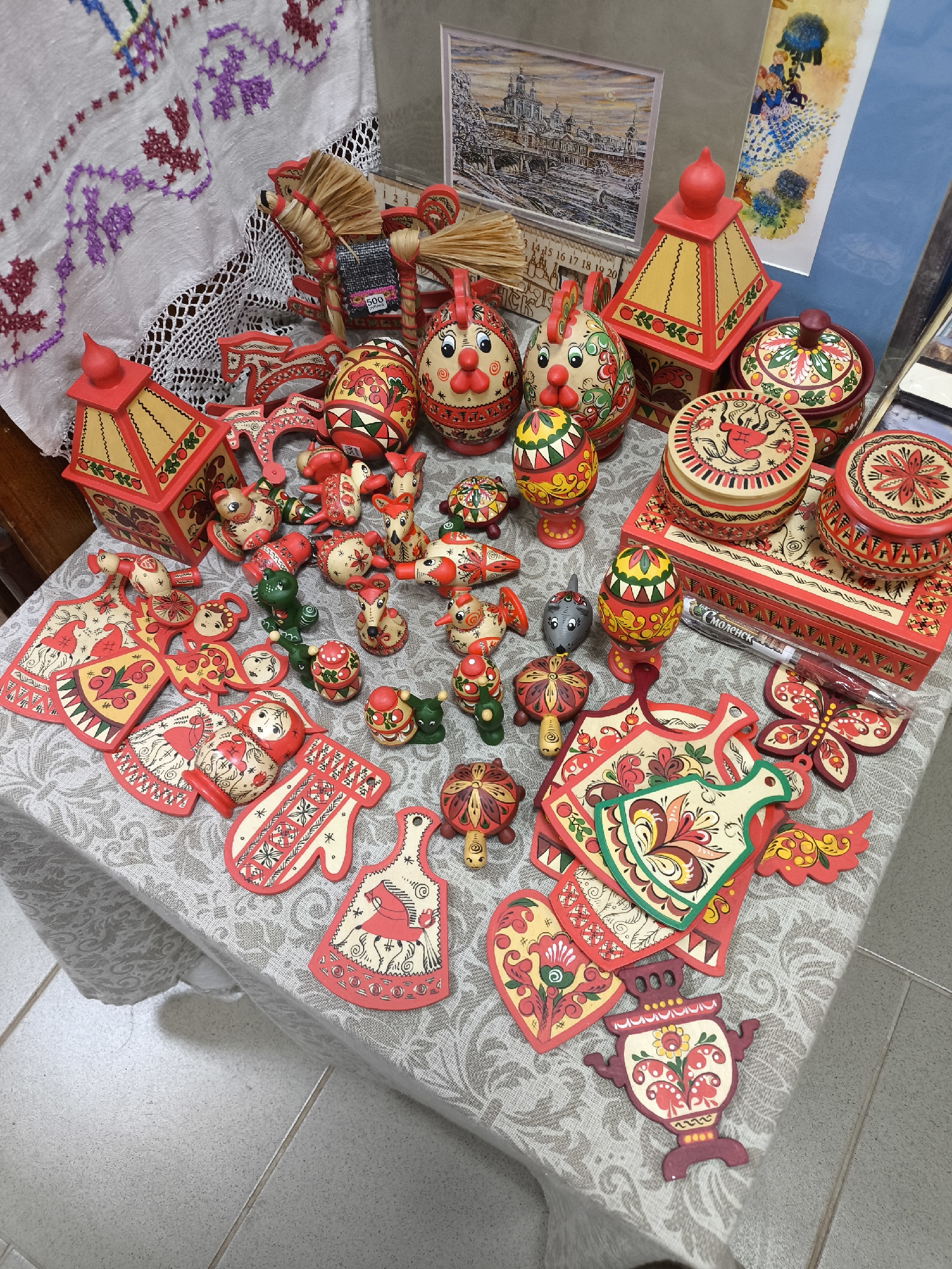Russian folk crafts, bakery, soccer match documented same location
