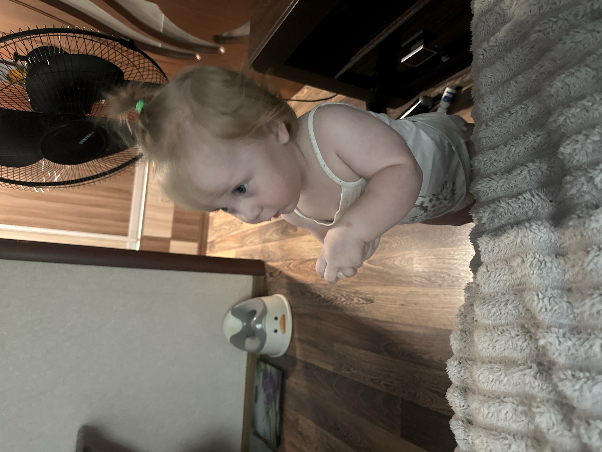 Toddler and poodle share a lazy morning at home in Sayanogorsk
