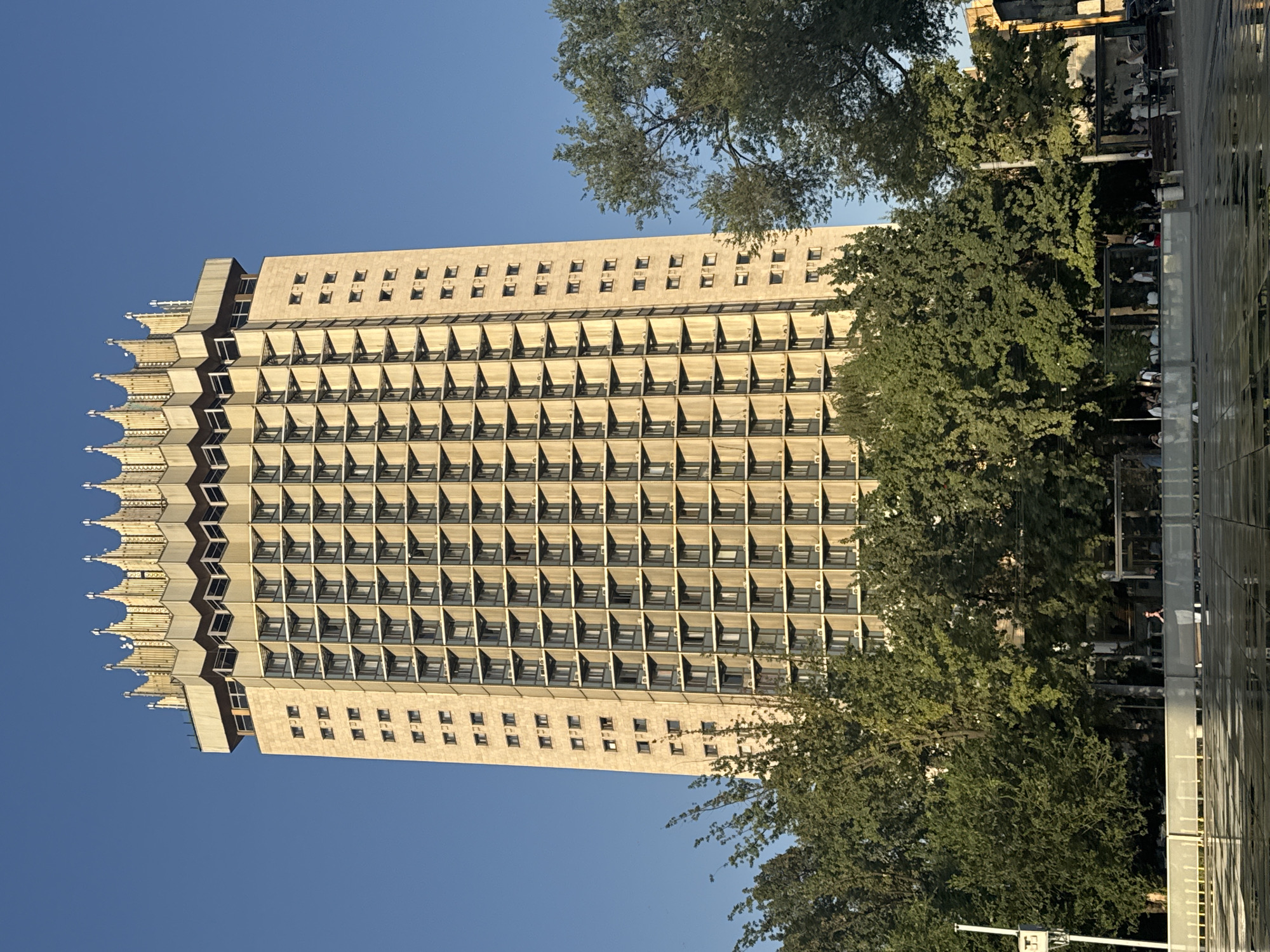 Kazakhstan Hotel's crown-topped tower rises over central Almaty