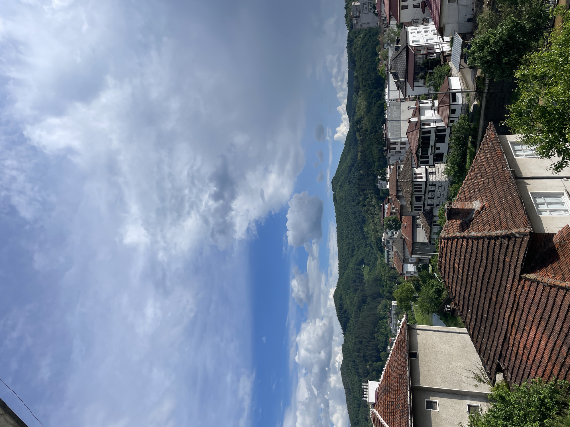 Man does yard work in Bulgarian mountain town