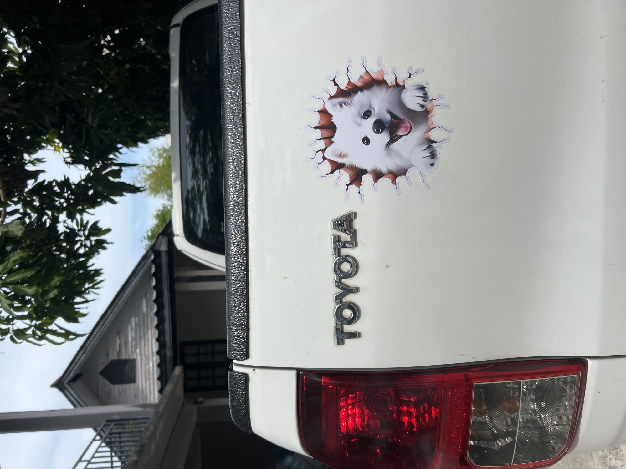 White Toyota pickup spotted with dog sticker in Thailand