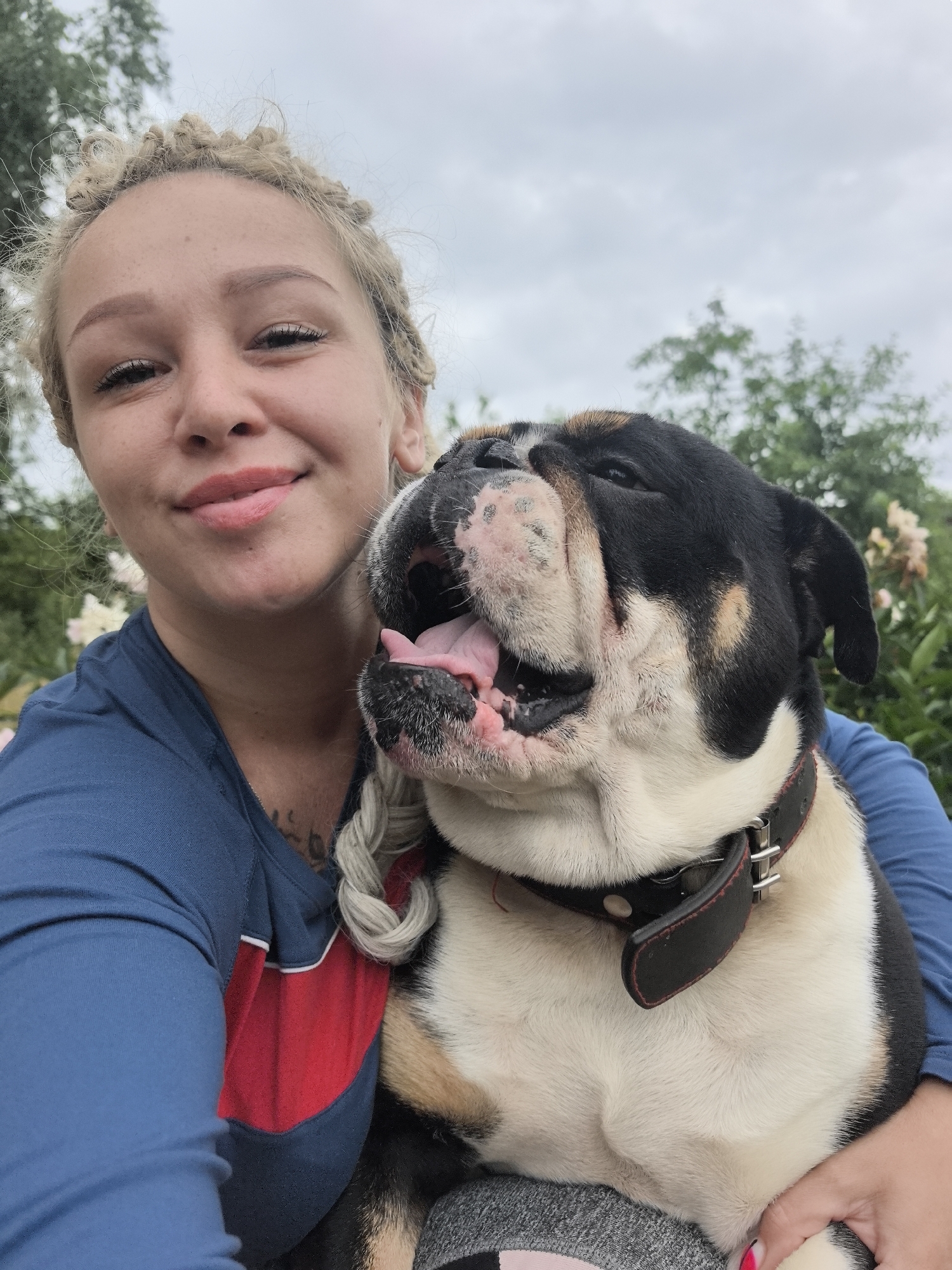 Bulldog and owner enjoying a morning outside in Noviy