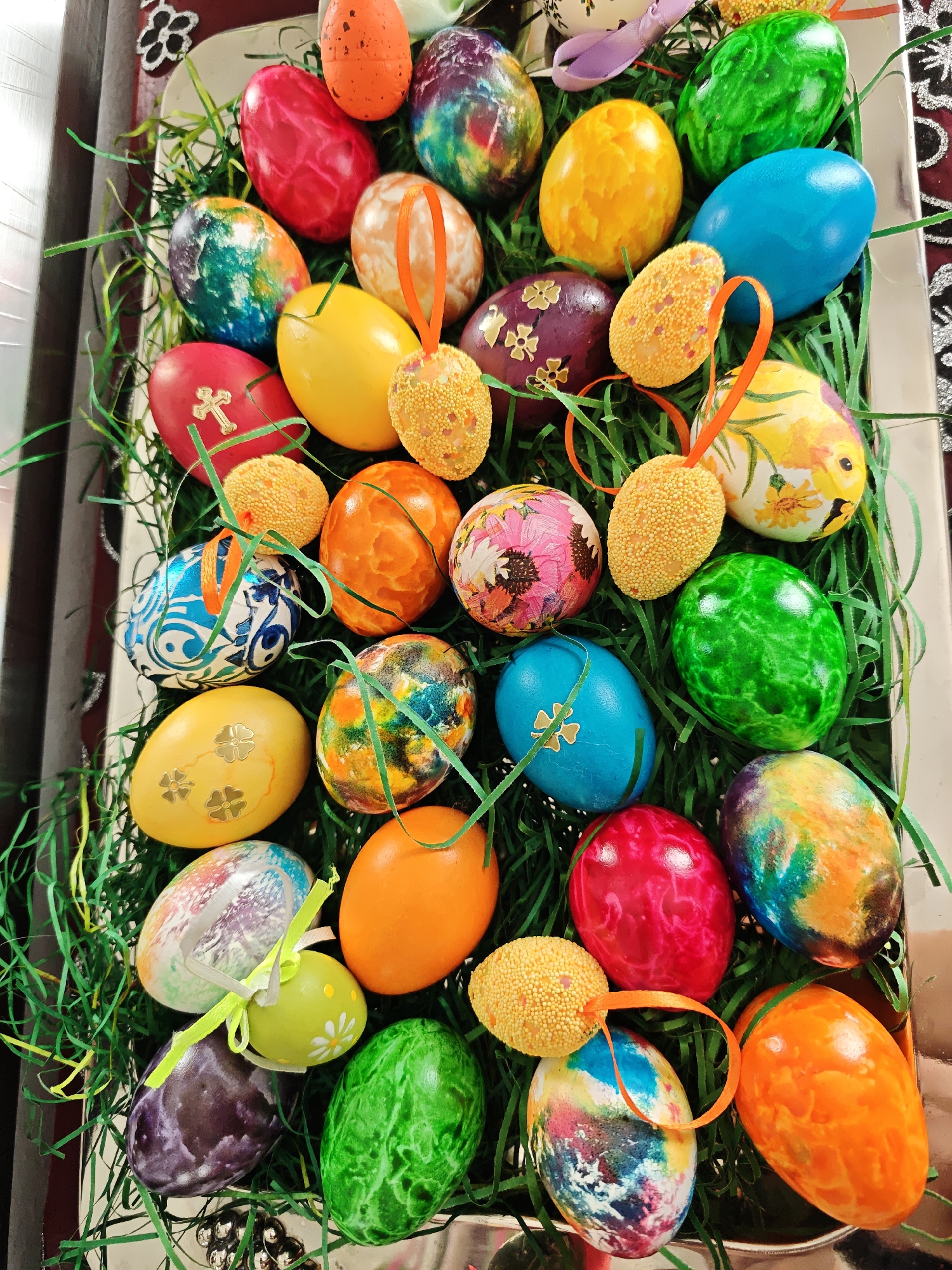 Easter eggs displayed on ornate silver tray in Plovdiv