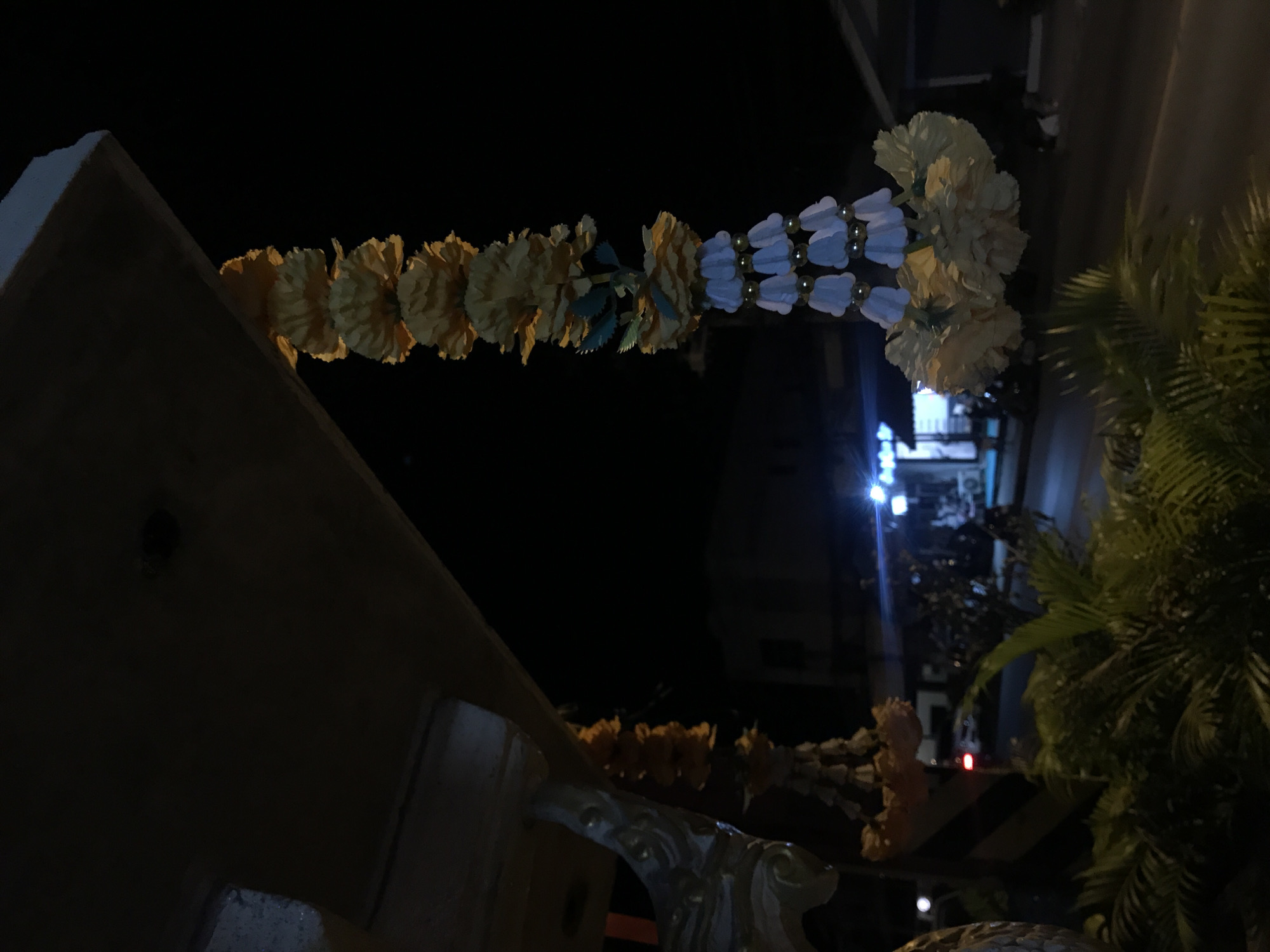 Nighttime floral displays and angel sculptures documented in Thailand