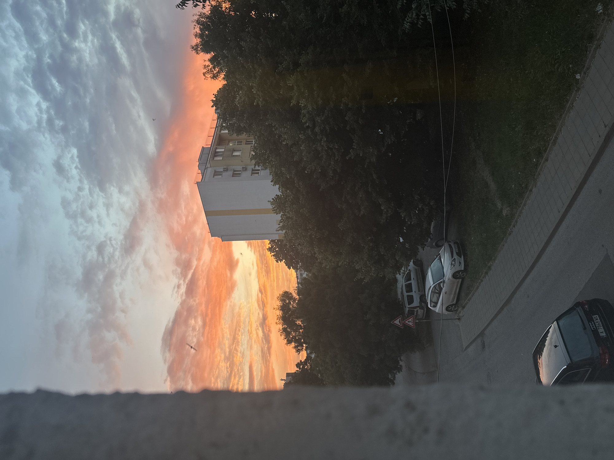Sunset light over a residential neighborhood, inside and out