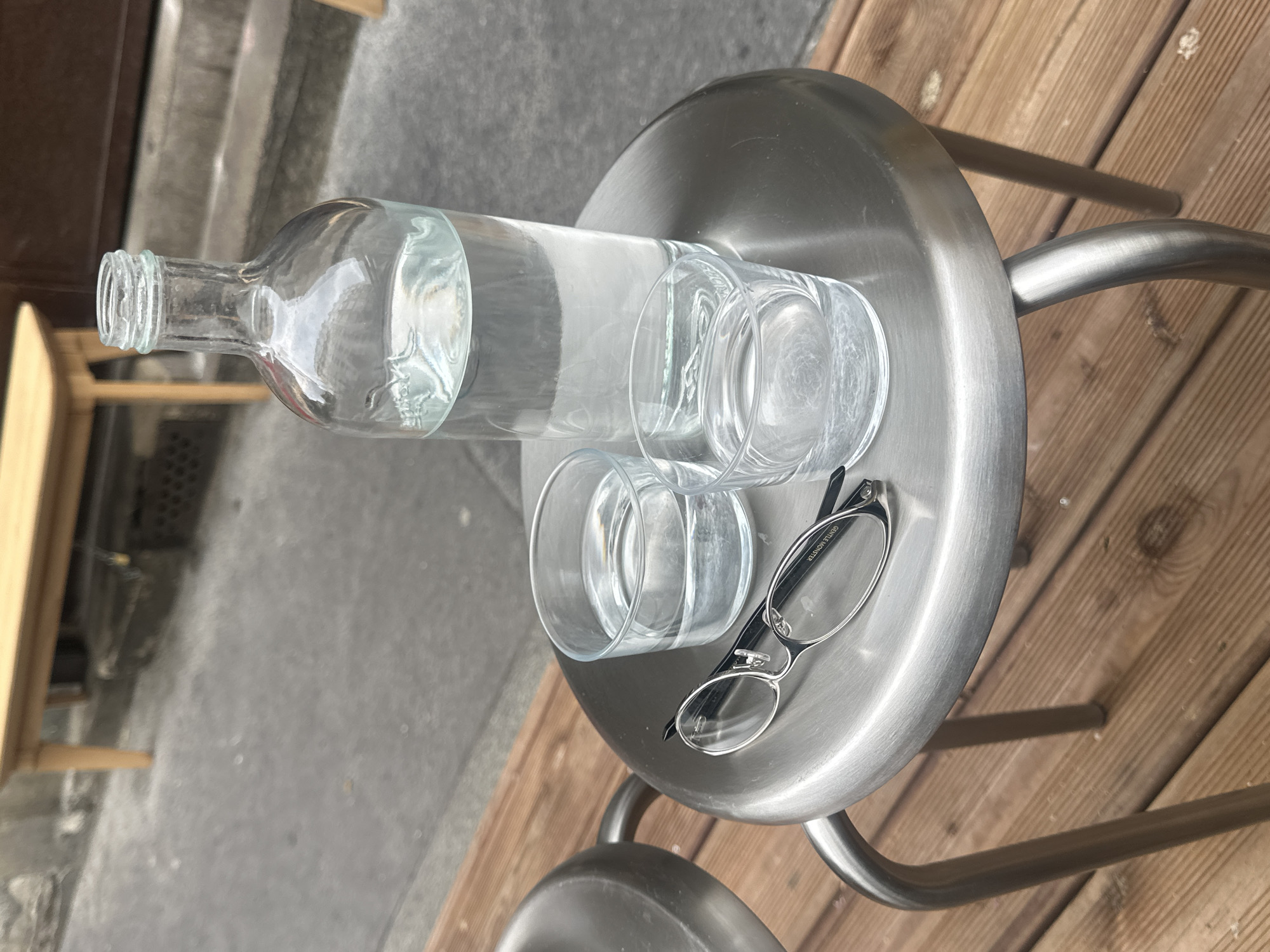 Outdoor table scene captured with water bottle and glasses in Paris