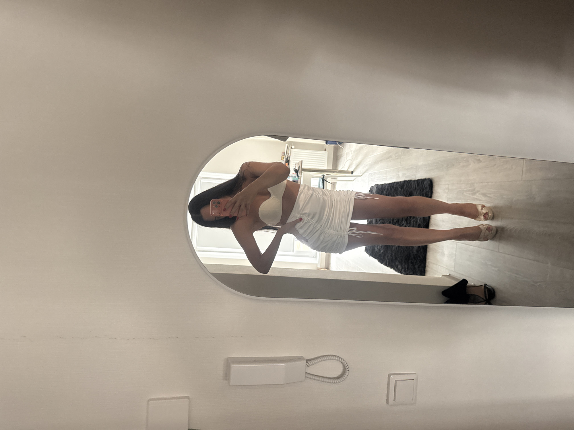 Mirror selfie session in white outfit, Chelyabinsk apartment