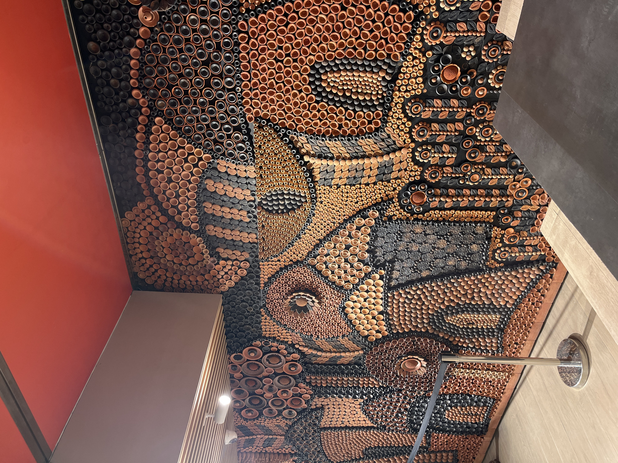 Clay ceiling artwork displays organic pattern in Dhaka