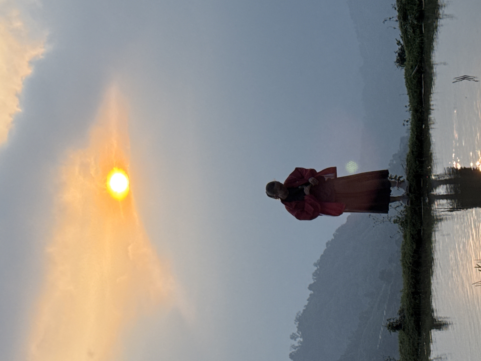 Woman walks through flooded rice paddies at dawn Vietnam