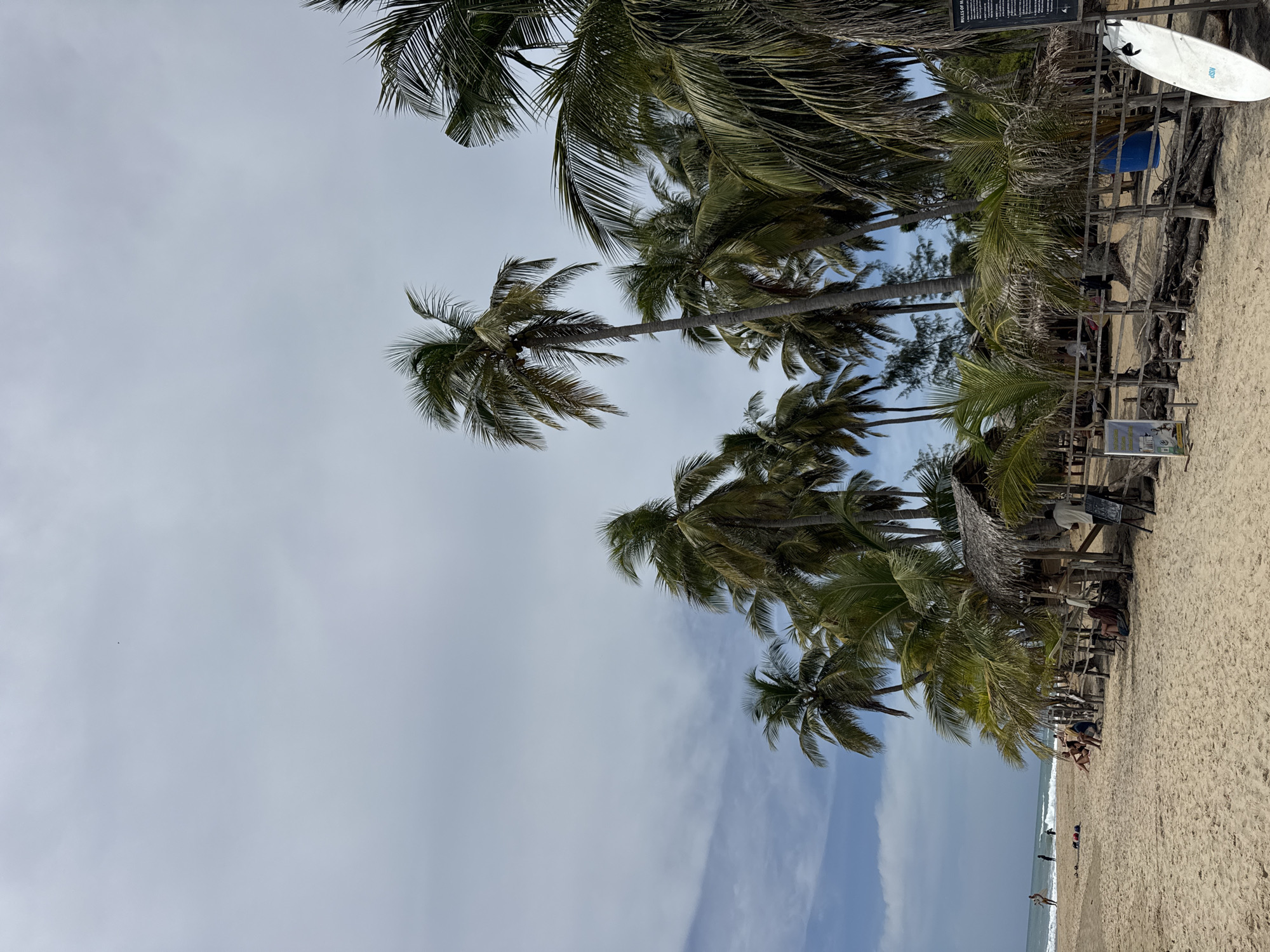 Surfing and beachgoers on a cloudy morning at Arugam Bay