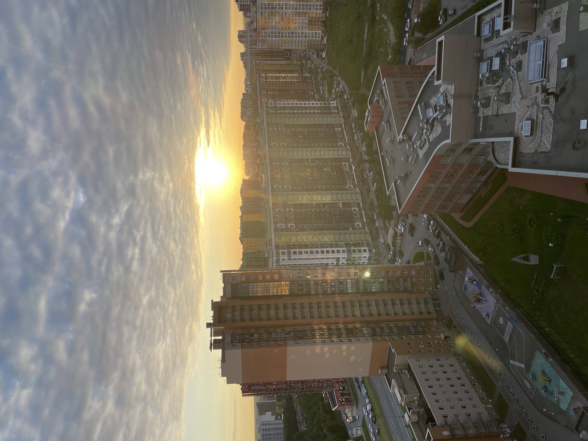 Golden hour illuminates Saint Petersburg's urban skyline from above