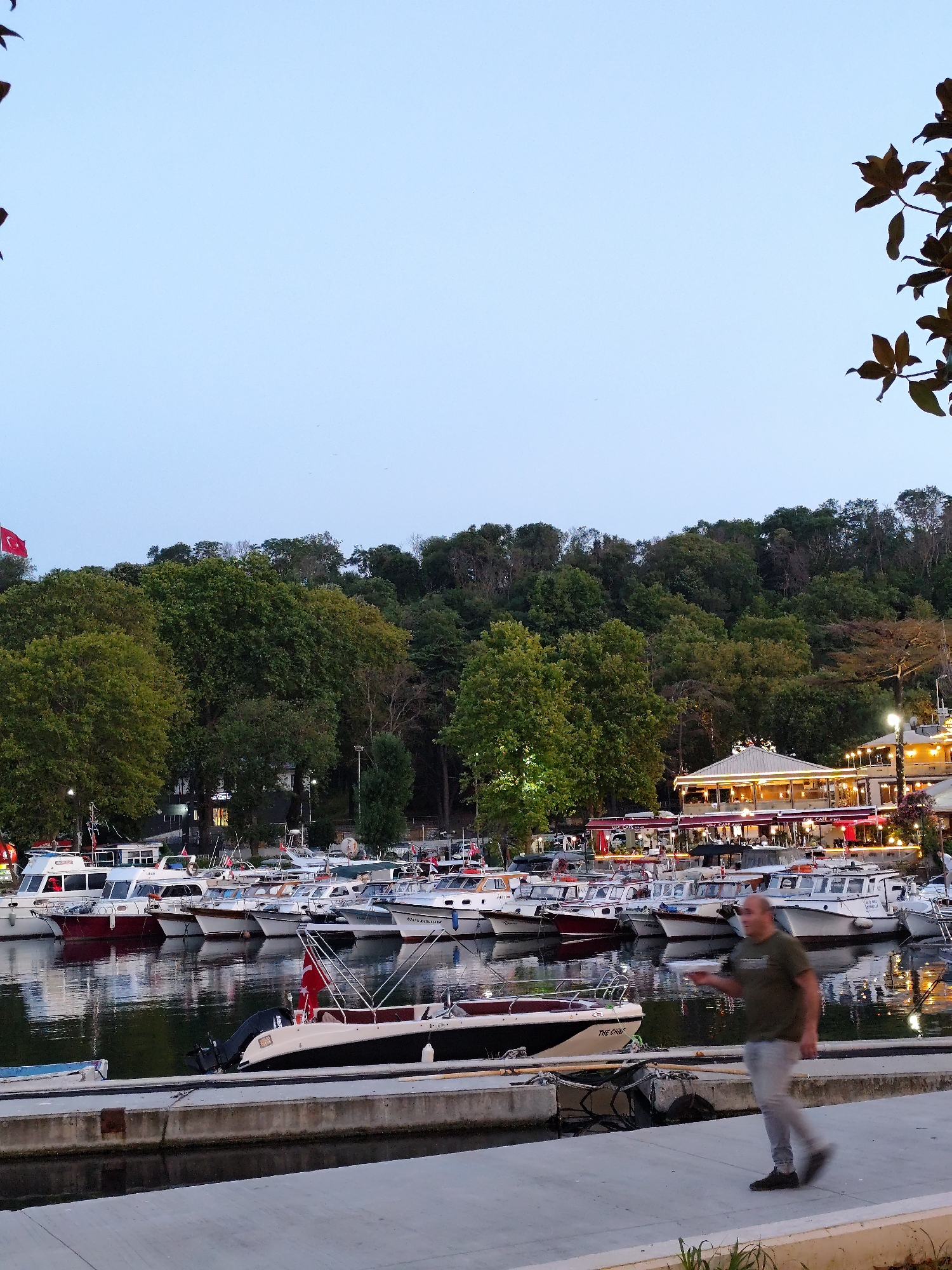 Sarıyer harbor at dusk, boats docked, city climbing the hills