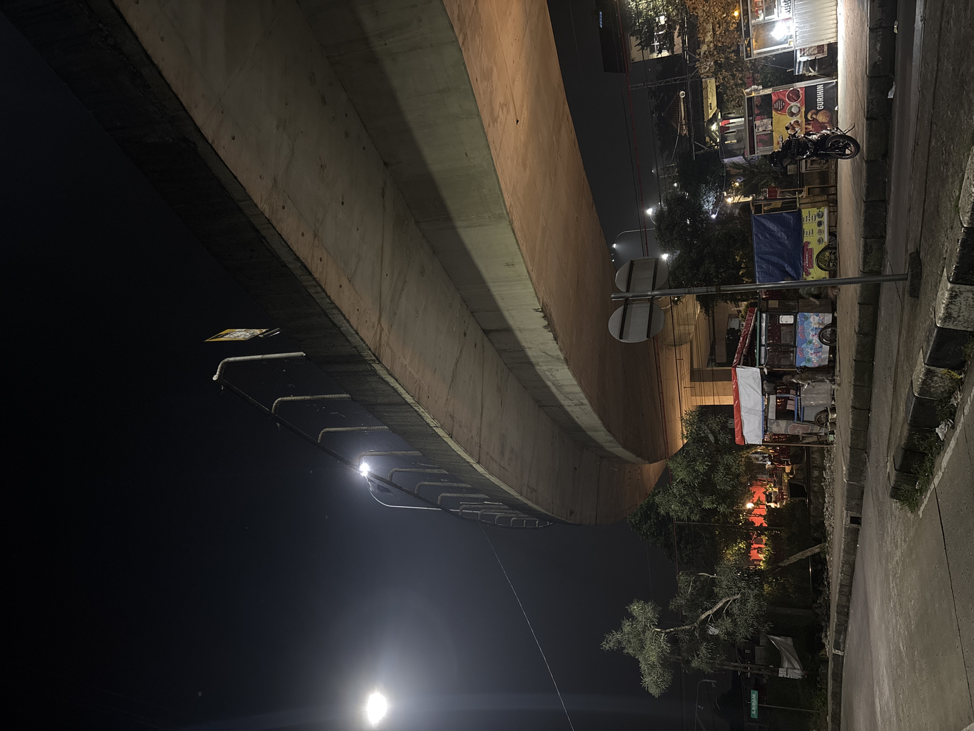 Street food vendors operate under Bogor overpass at night